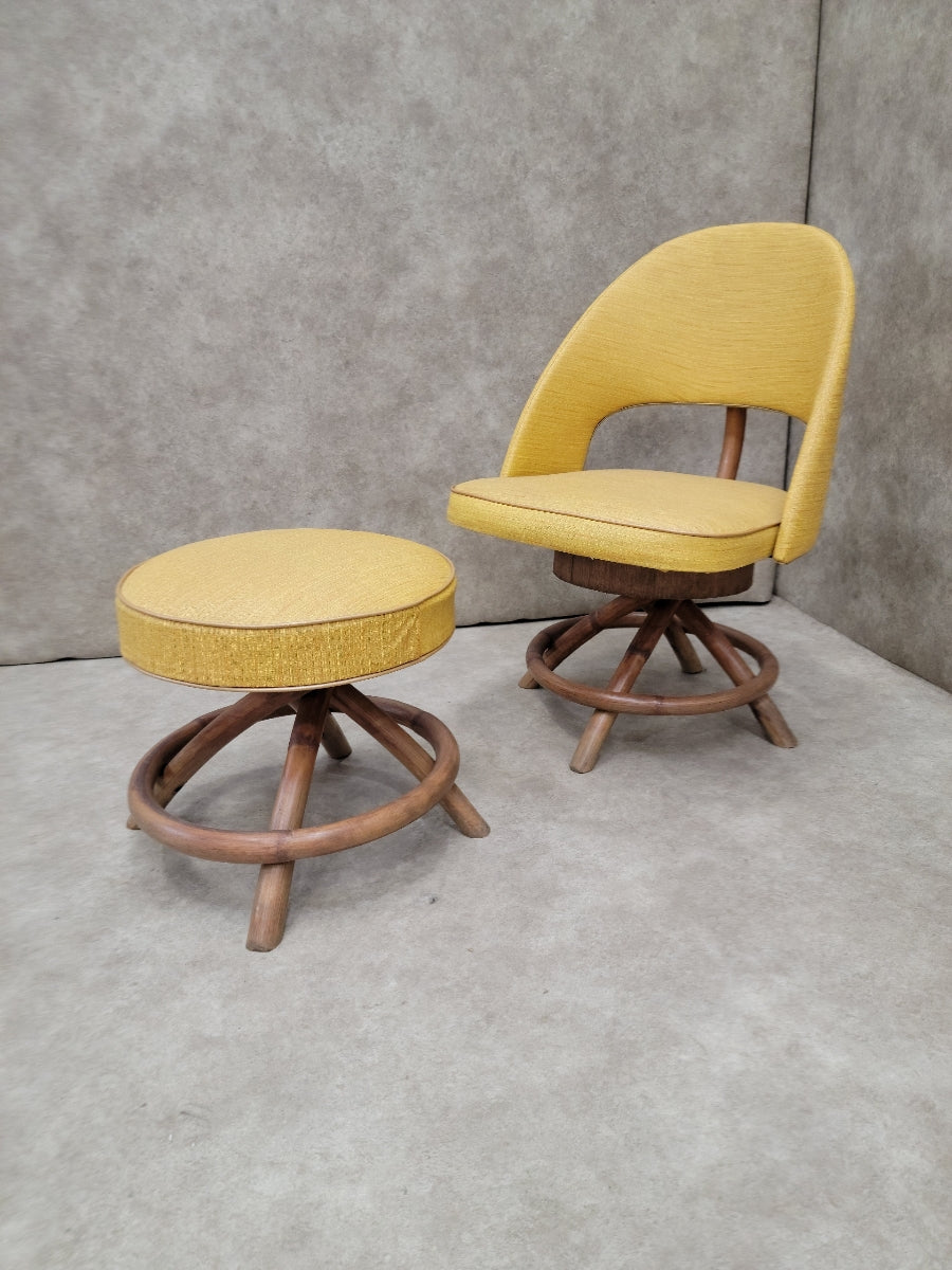 Mid Century Modern Saarinen Style Rattan Swivel Base Chair and Ottoman - 2 Piece Set