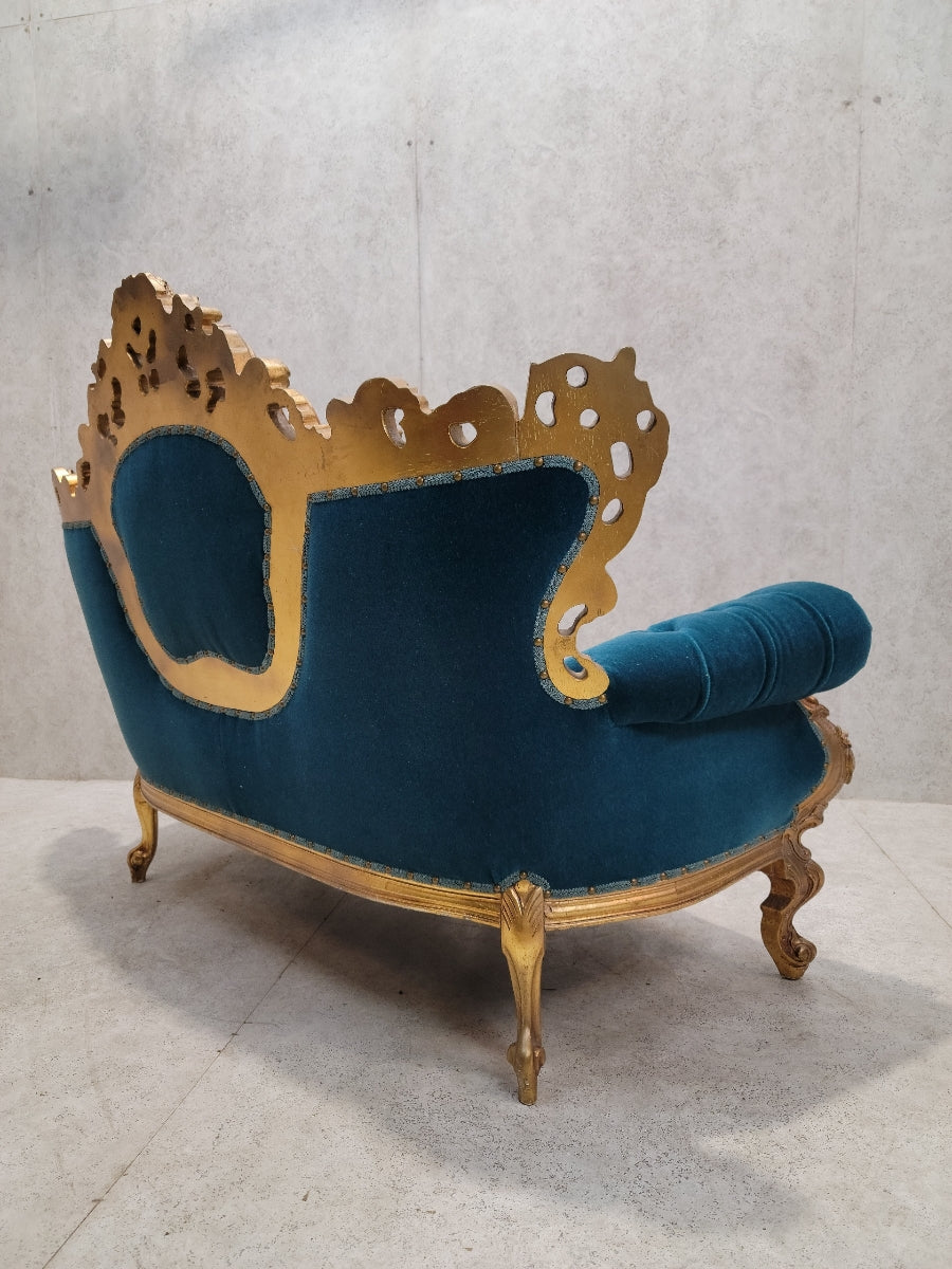 Antique Italian Rococo Carved Tufted Wedding Sofa Newly Upholstered in a Teal Mohair