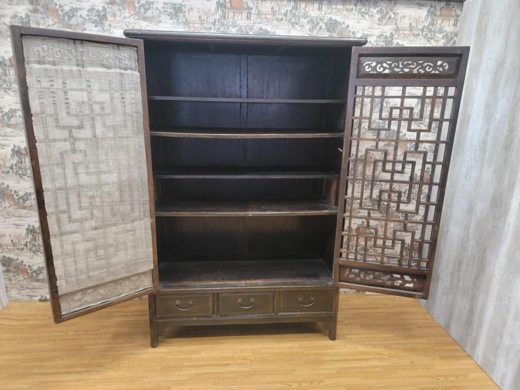 Antique Shanxi Province Elmwood Lattice Carved Door Panel Cabinet