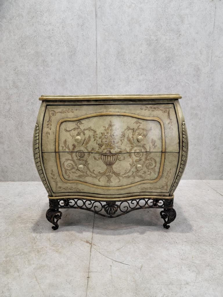 Vintage Italian Venetian Style Hand Painted & Lacquered with Wrought-Iron Base Bombe Chest by Collezione Europa