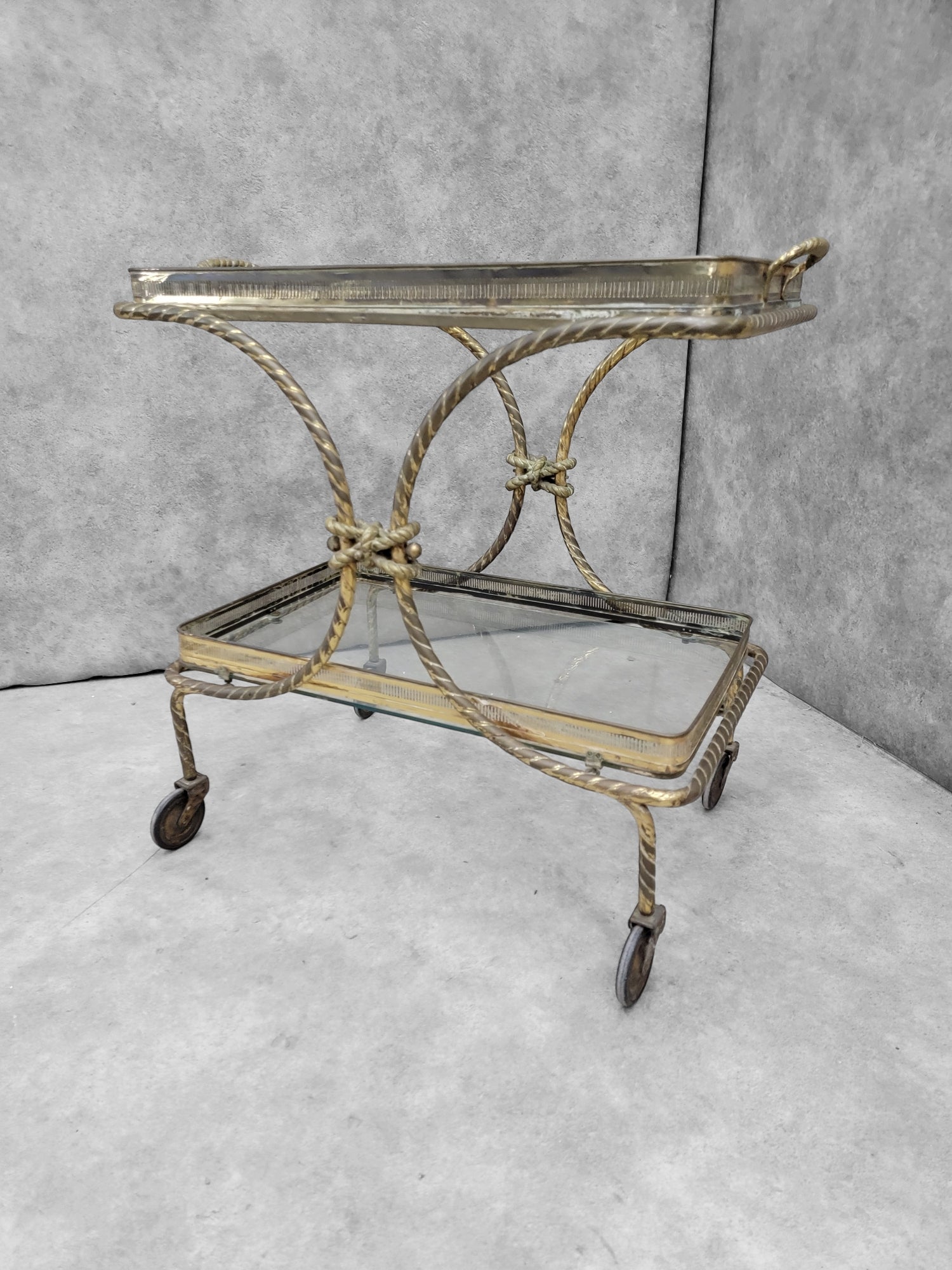 Mid Century French Bagues Style Brass Rope Bar Cart on Wheels with Removable Tray