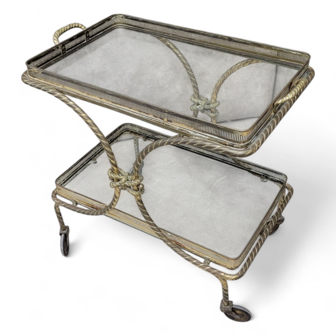 Mid Century French Bagues Style Brass Rope Bar Cart on Wheels with Removable Tray