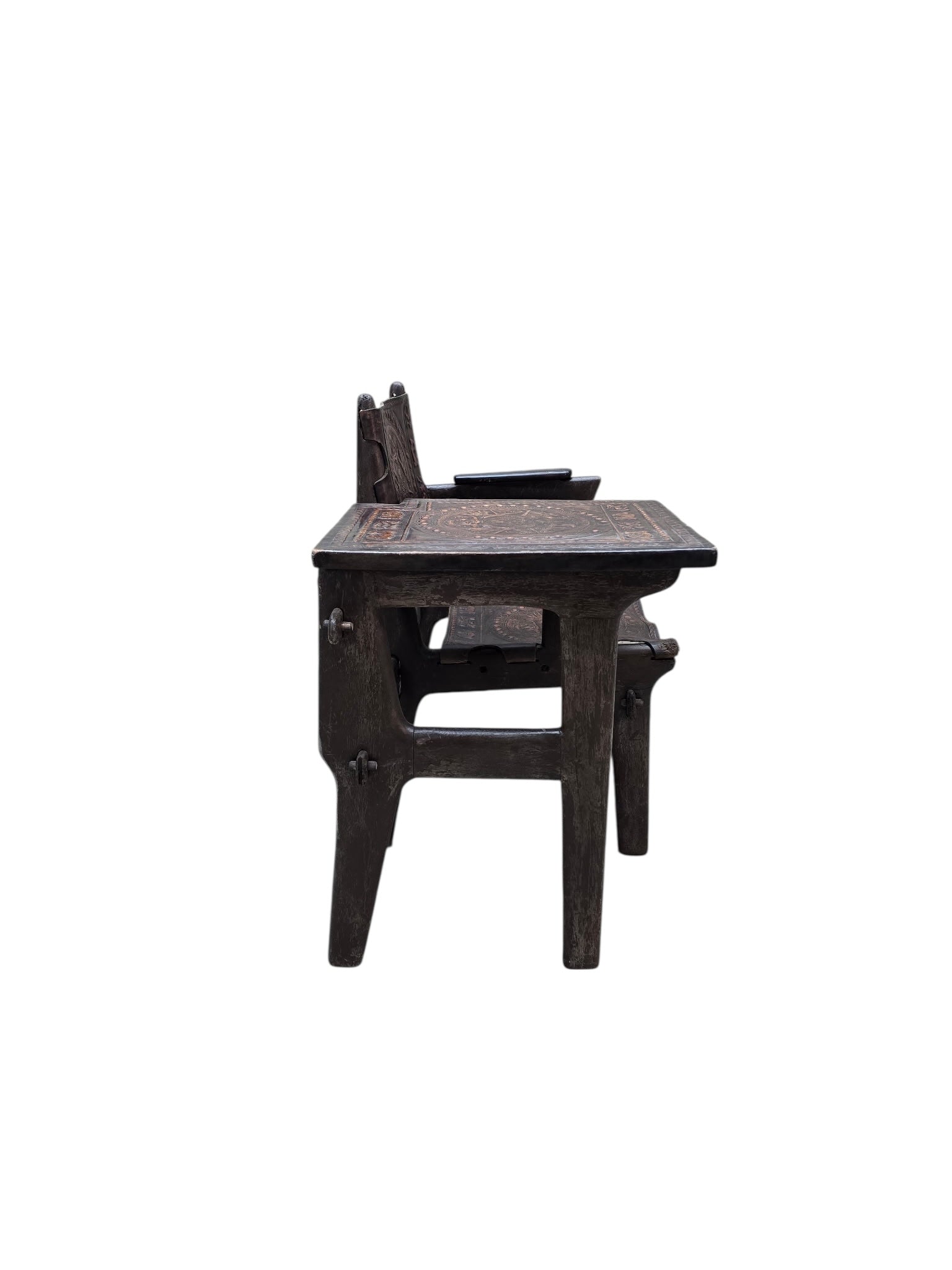 Vintage Rustic Tooled Leather Primitive Gossip Chair by Angel Pazmino