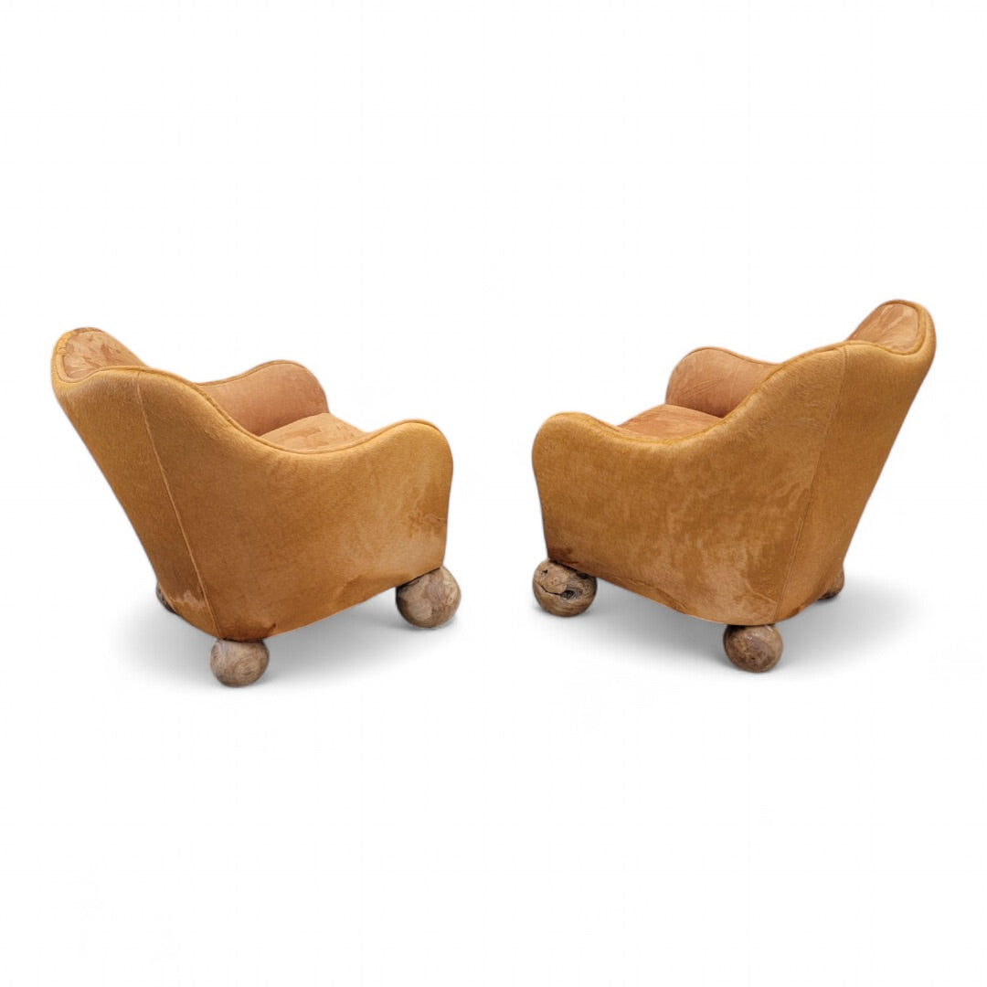 Vintage Rustic Contemporary Sculptural Club Chairs Newly Upholstered in Suede and Cowhide - Pair