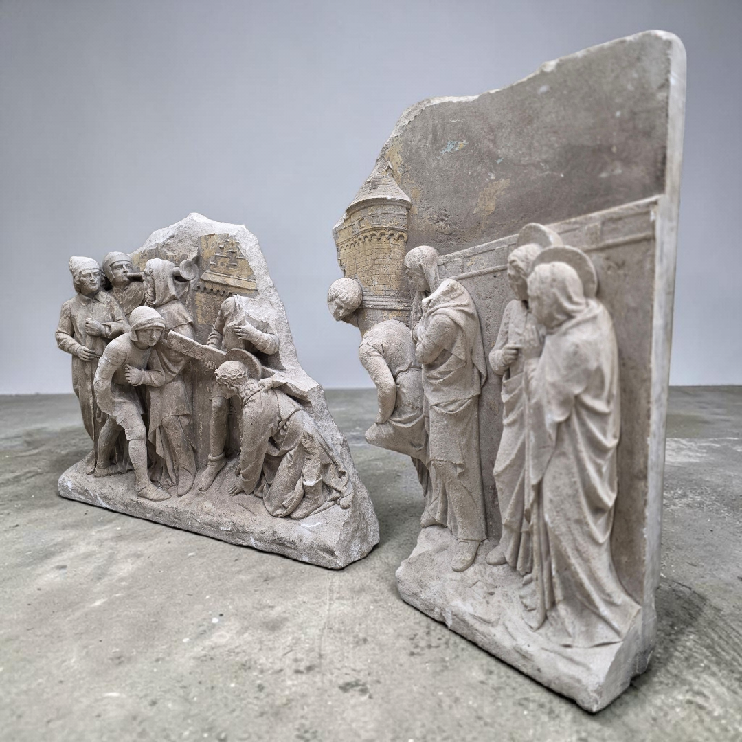 Antique Monumental European "Stations of The Cross" Stone Relief Panels — Pair