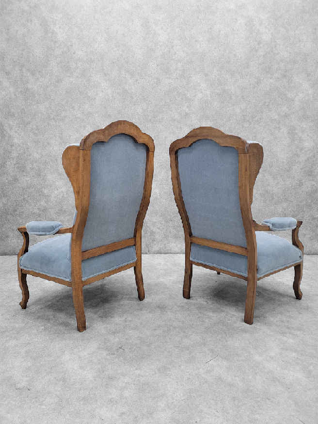 Vintage French Country Biedermeier Style Tufted Back Wingback Armchairs Newly Upholstered in Mohair - Pair