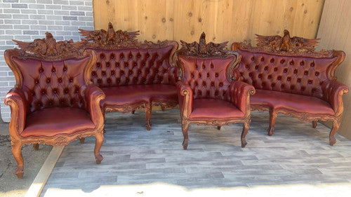 Antique Federal Style Carved Ornate Tufted Parlor Set Newly Upholstered in a Cabernet Leather - 4 Piece Set