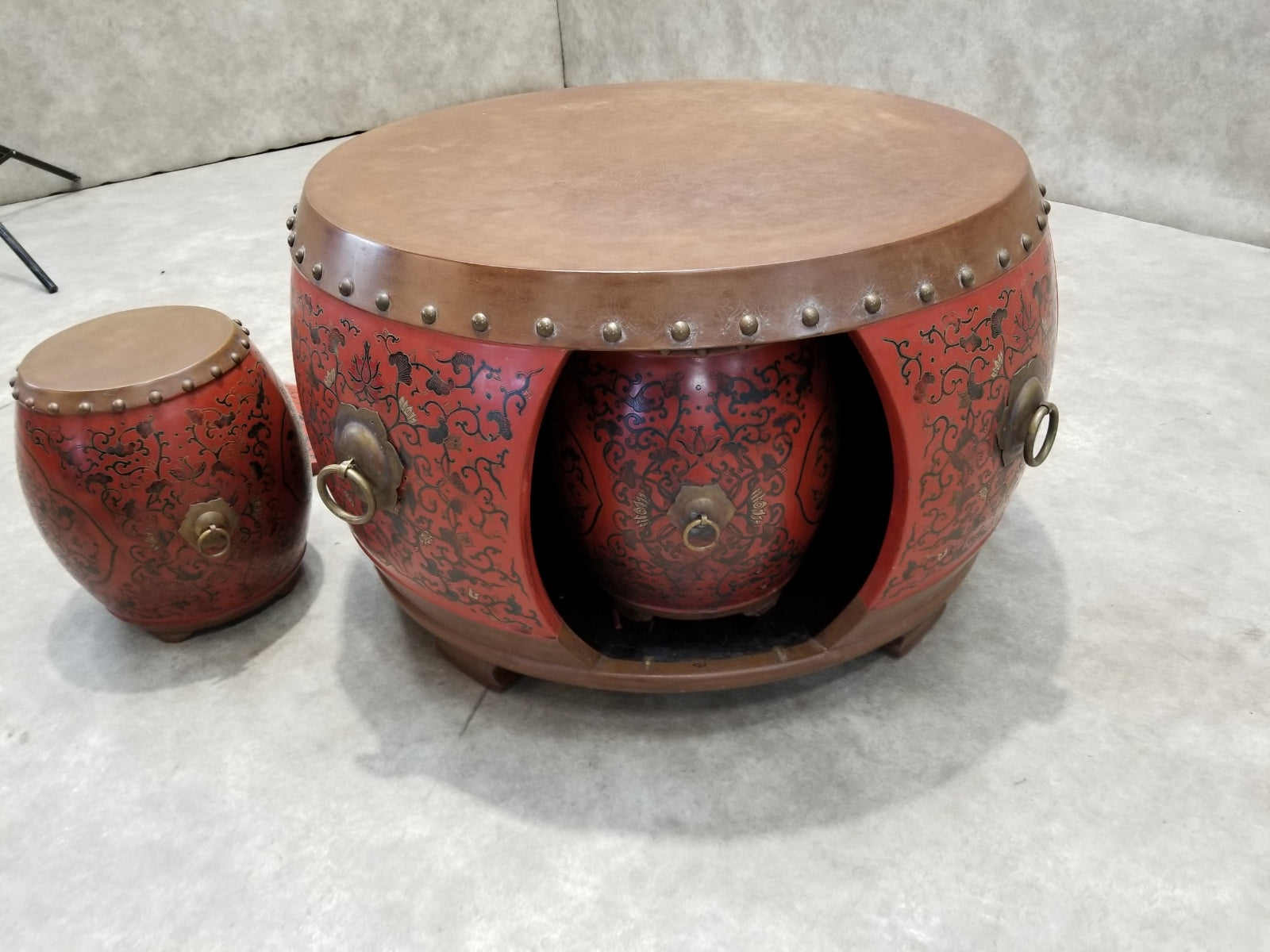 Vintage Asian Style Red Coromandel Drum Coffee/Side Table - Set of 5