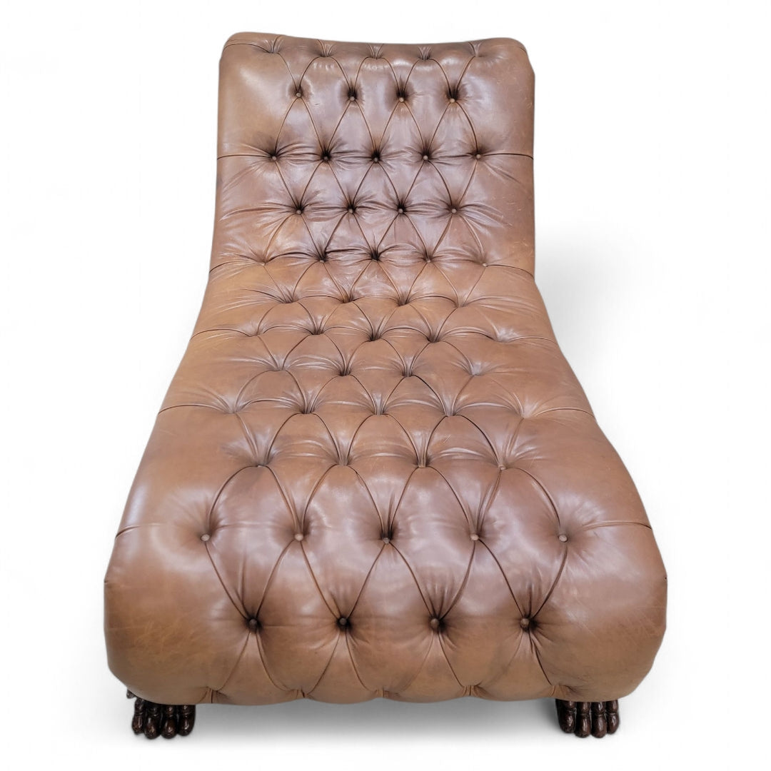 Antique Chesterfield Style Carved Oak Tufted Chaise Lounge