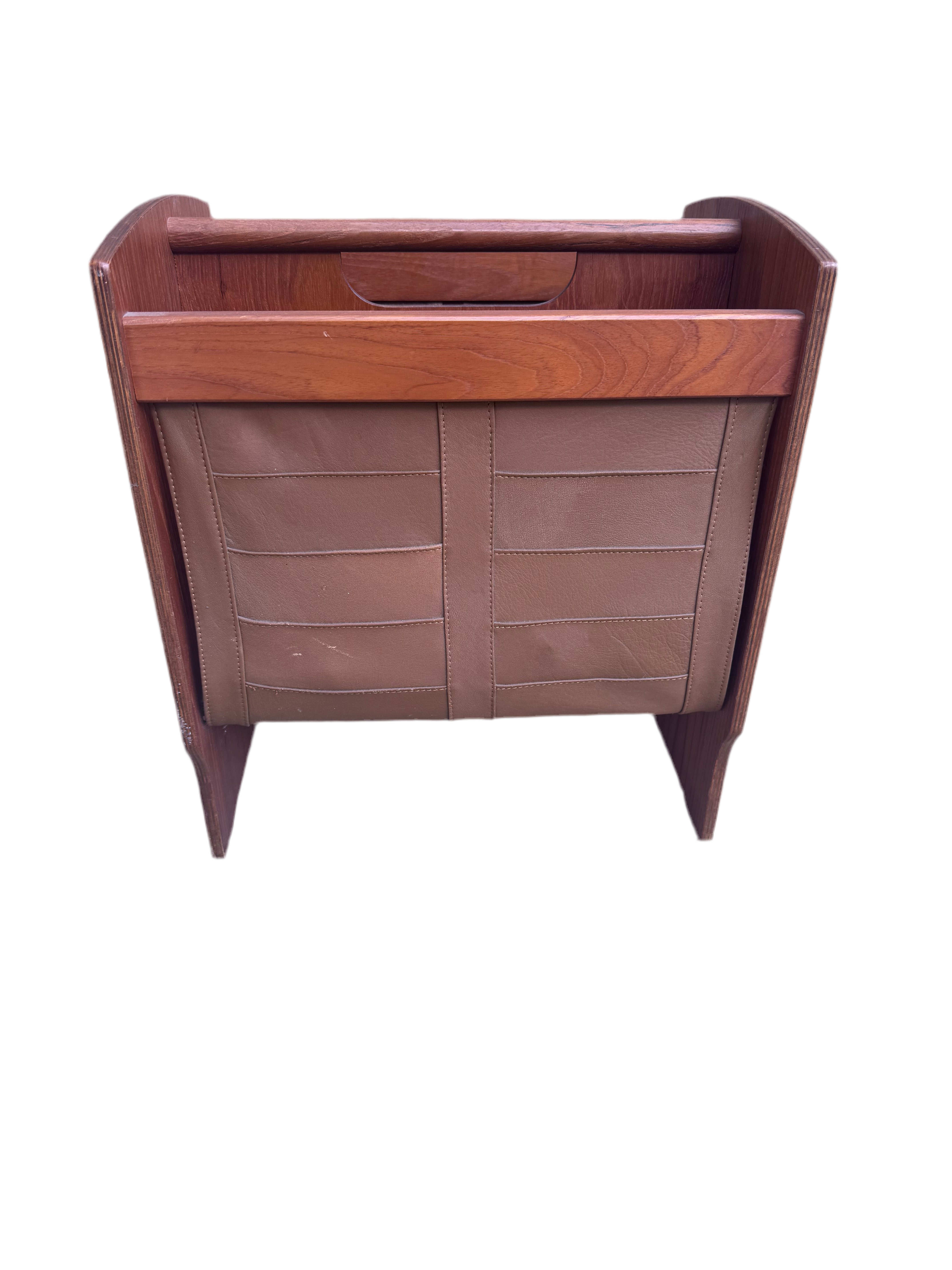 Vintage Scandinavian Wood and Leather Magazine Rack
