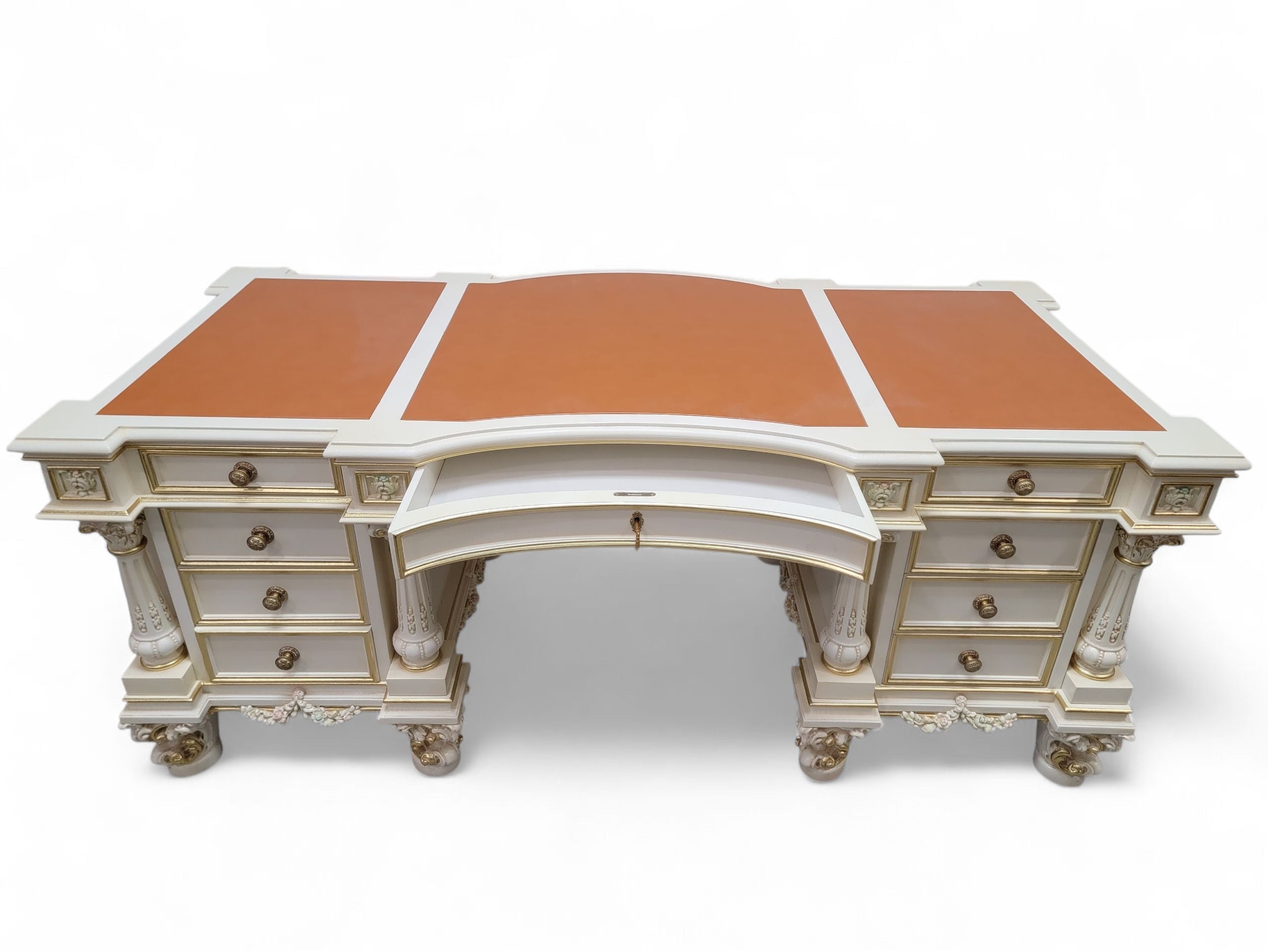 Vintage Custom Venetian Antique Rococo Style Antique White Carved Executive Desk