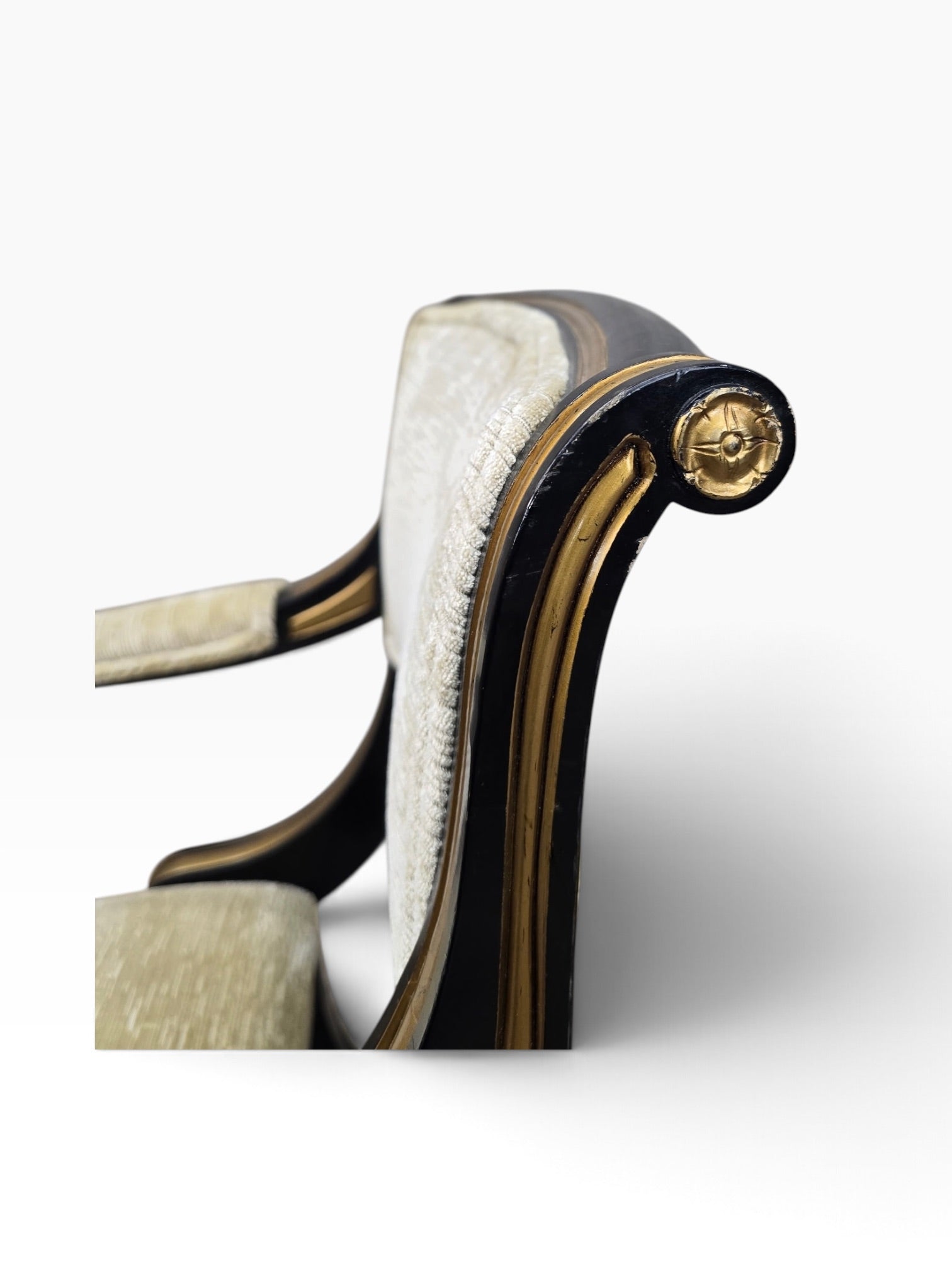 Regency Style Ebonized Armchairs by Baker Newly Reupholstered in a Gold Chenille Fabric - Pair