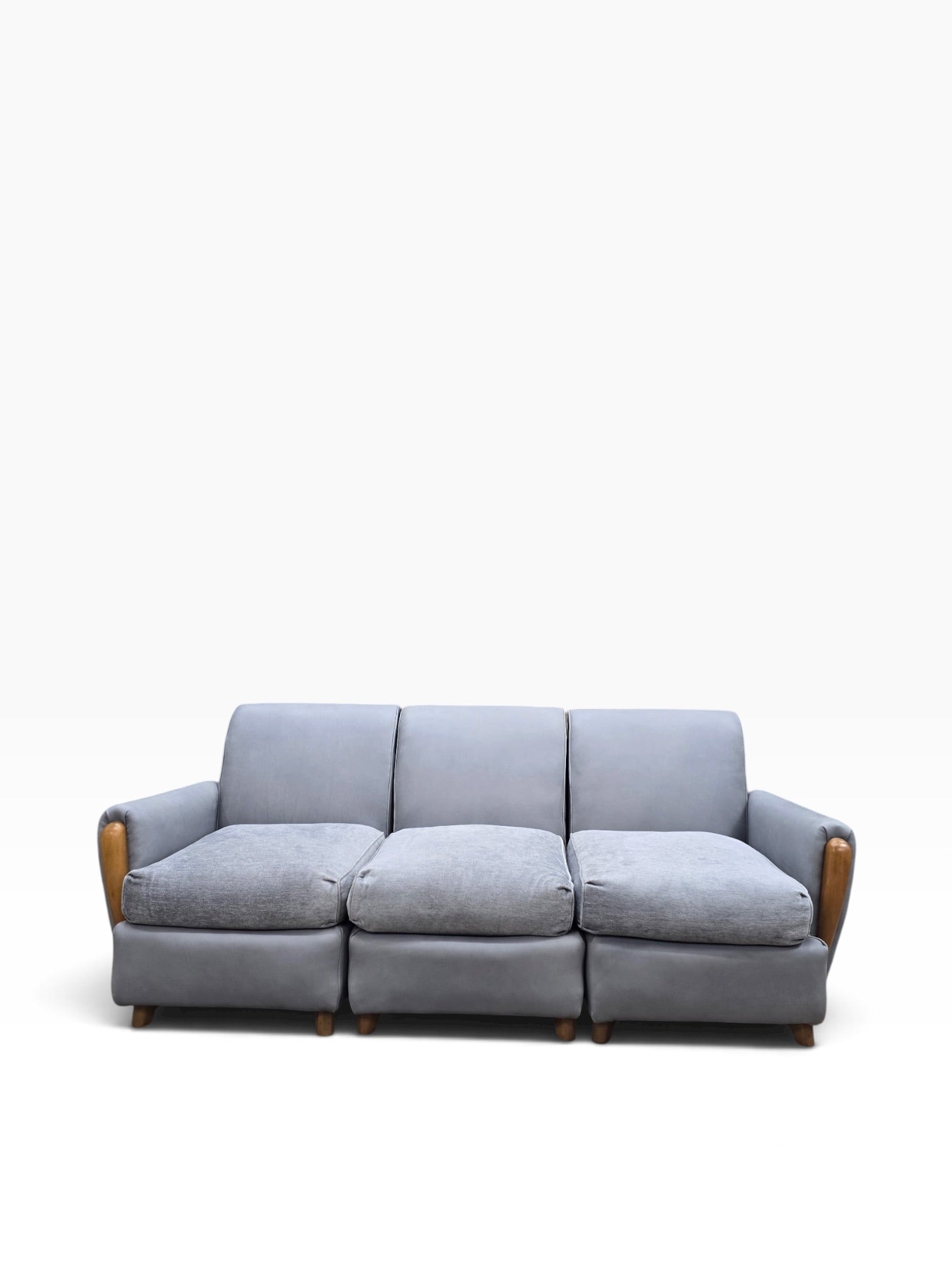 Mid Century Modern Heywood Wakefield Modular Sectional Sofa Newly Reupholstered in Powder Blue Holly Hunt Leather