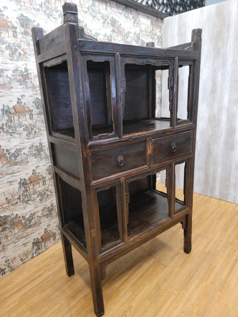Antique Shanxi Province Brown Black Lacquered Elmwood Bookcase