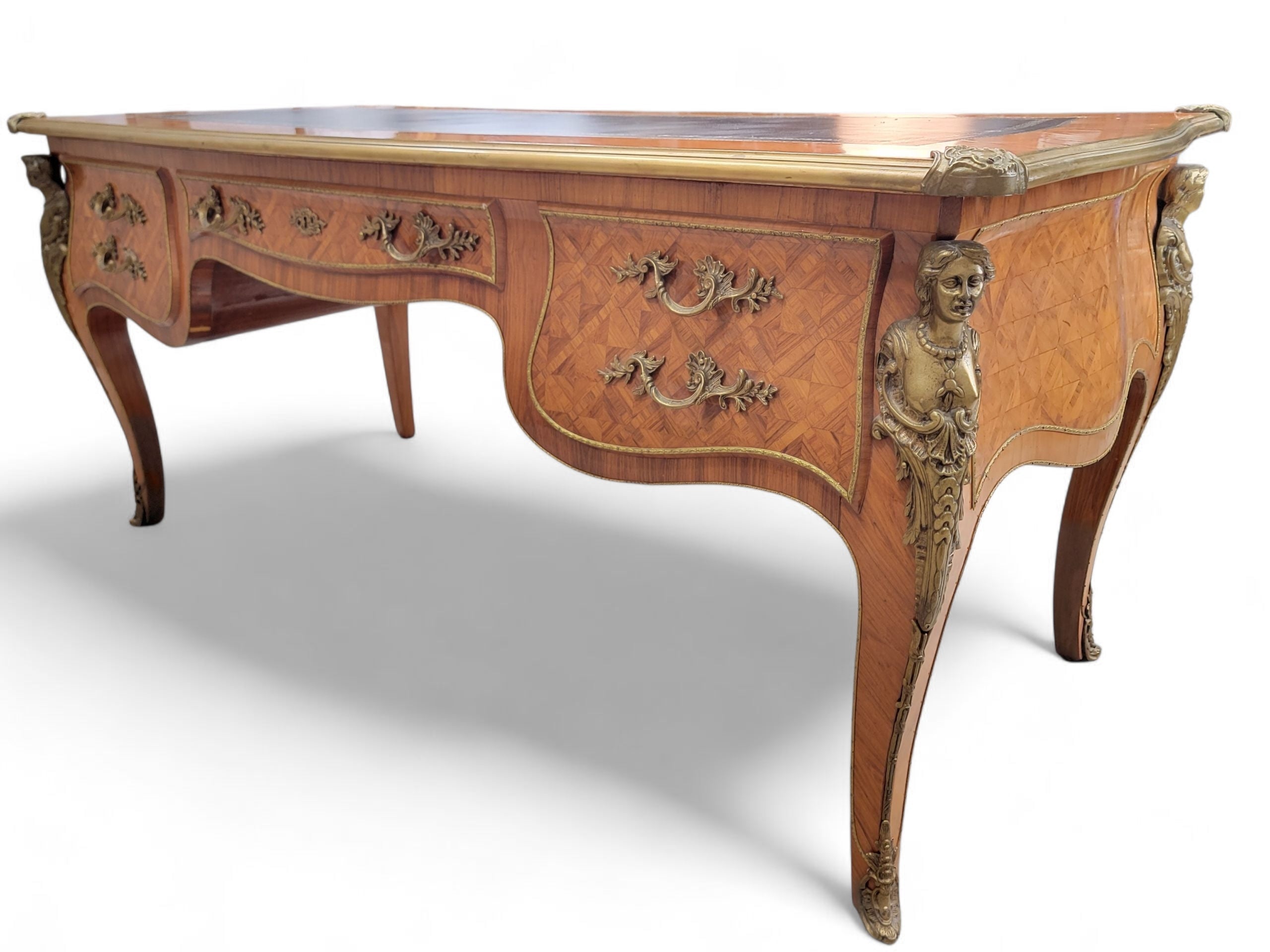Antique French Satinwood Parquetry Louis XVI Writing Desk, Tooled Leather Top & Ormolu