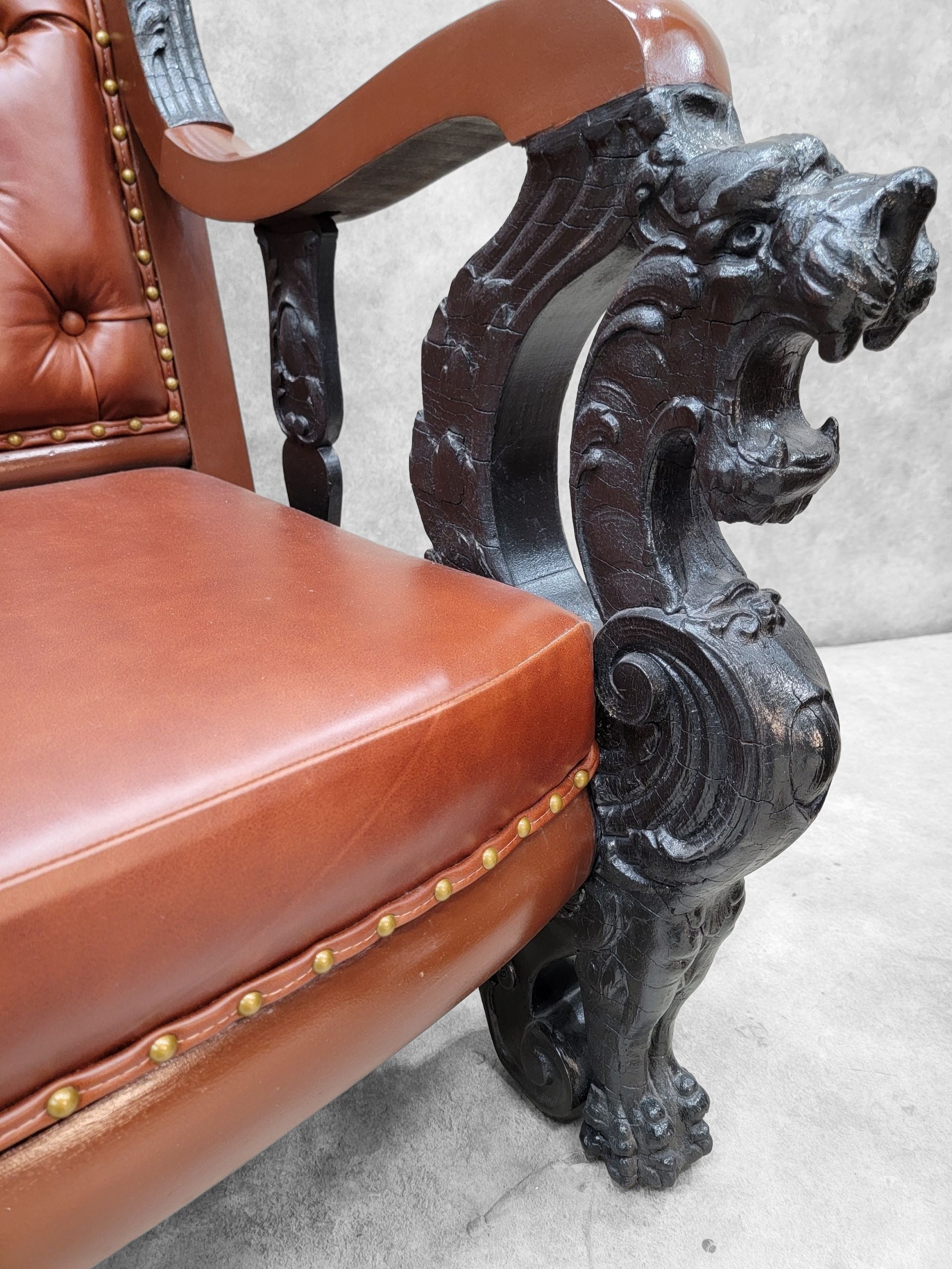 Antique R.J. Horner Style Carved Winged Griffin Tufted Parlor Set Newly Restored & Reupholstered in Leather - 3 Piece Set