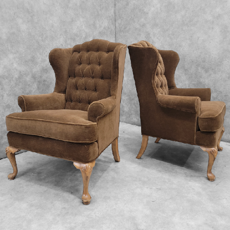 Vintage Henredon Wingback Tufted Back Lounge Chairs Newly Reupholstered in Dark Camel Alpaca Mohair - Pair