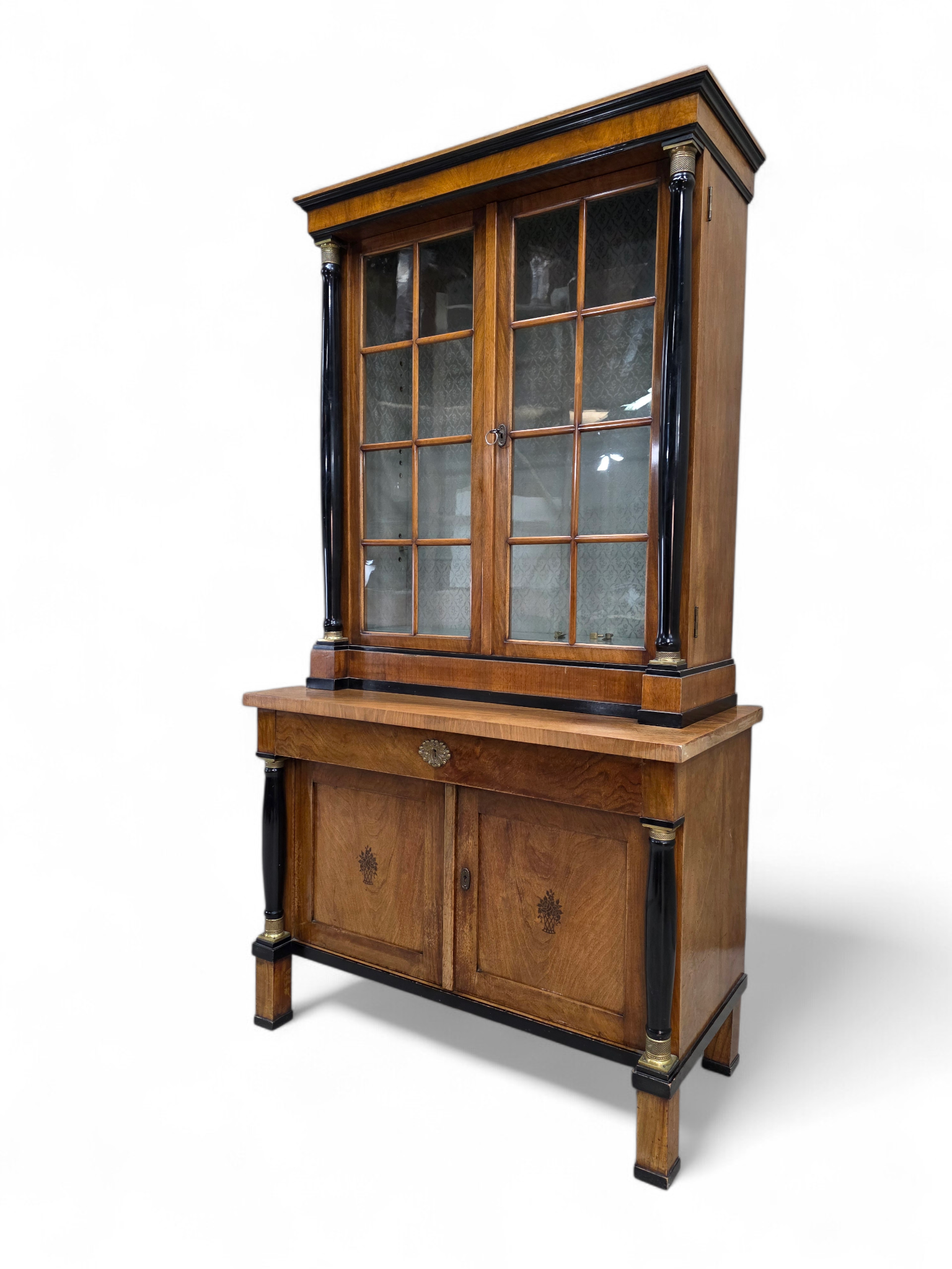 Antique Biedermeier Style Walnut Bookcase Vitrine
