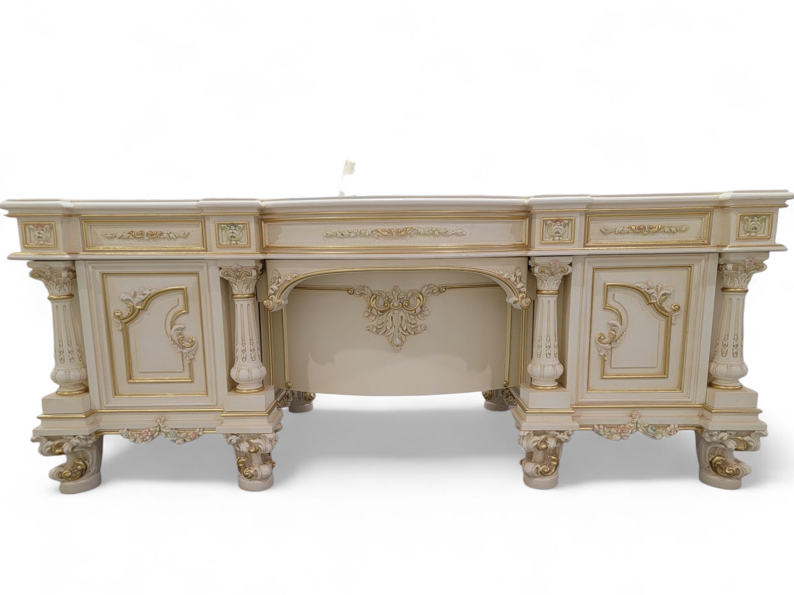 Vintage Custom Venetian Antique Rococo Style Antique White Carved Executive Desk
