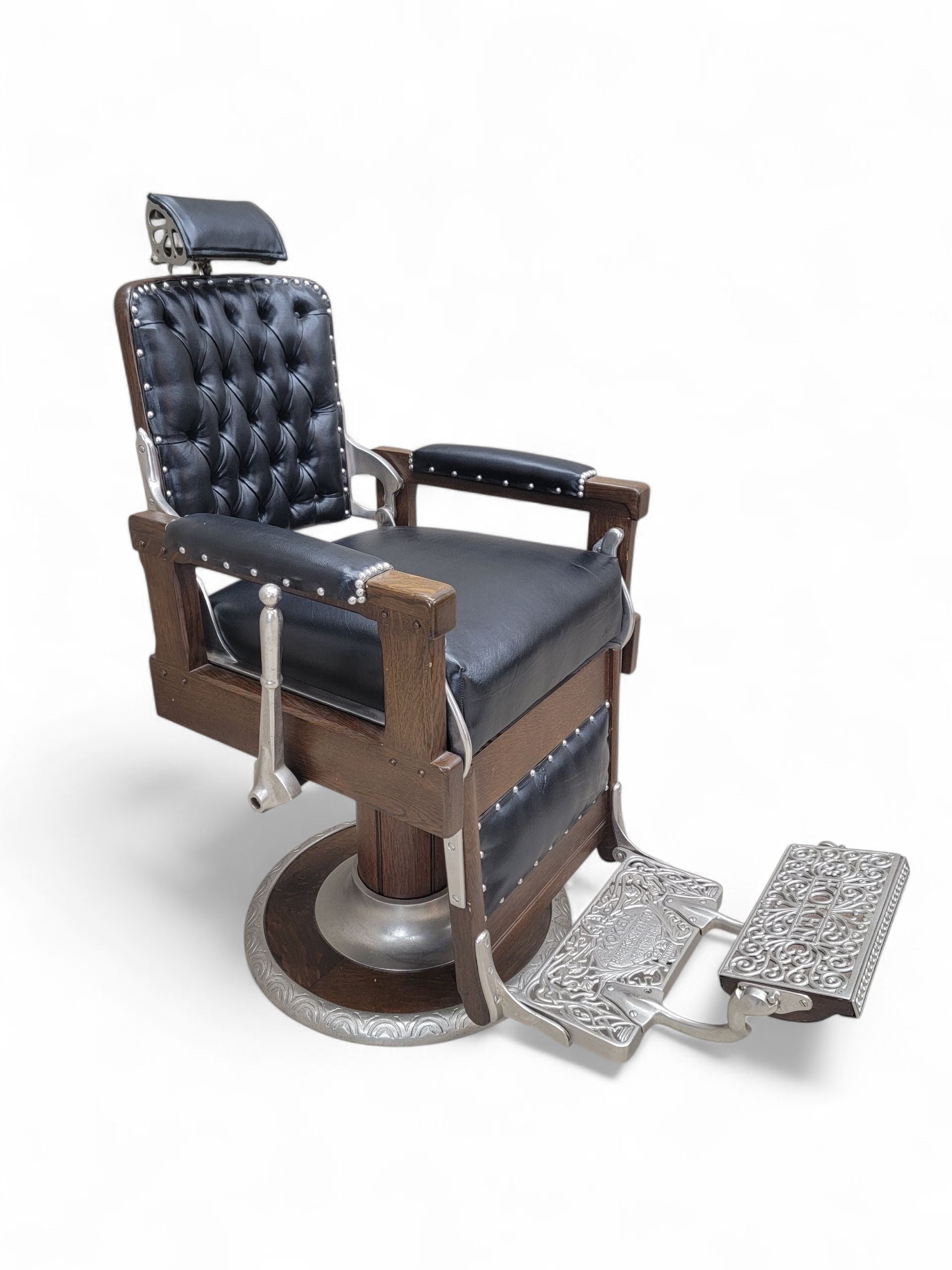 Antique Koken Restored Quartersawn Oak Barber Chairs in Black Leather – Set of 3