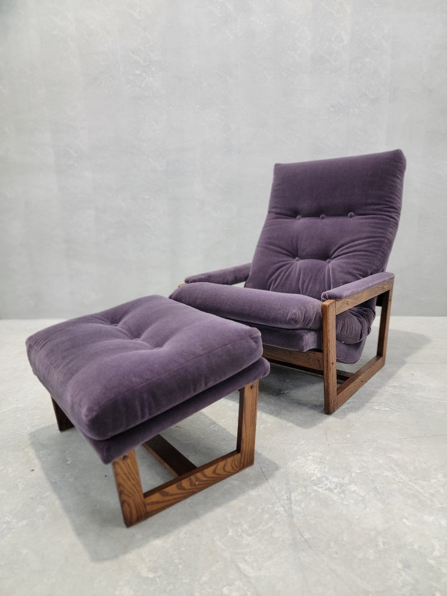Vintage Modern Lennart Bender for Møbelfabriken Tibro Sweden Ulferts Lounge Chair with Ottoman Newly Upholstered in Purple Italian Mohair