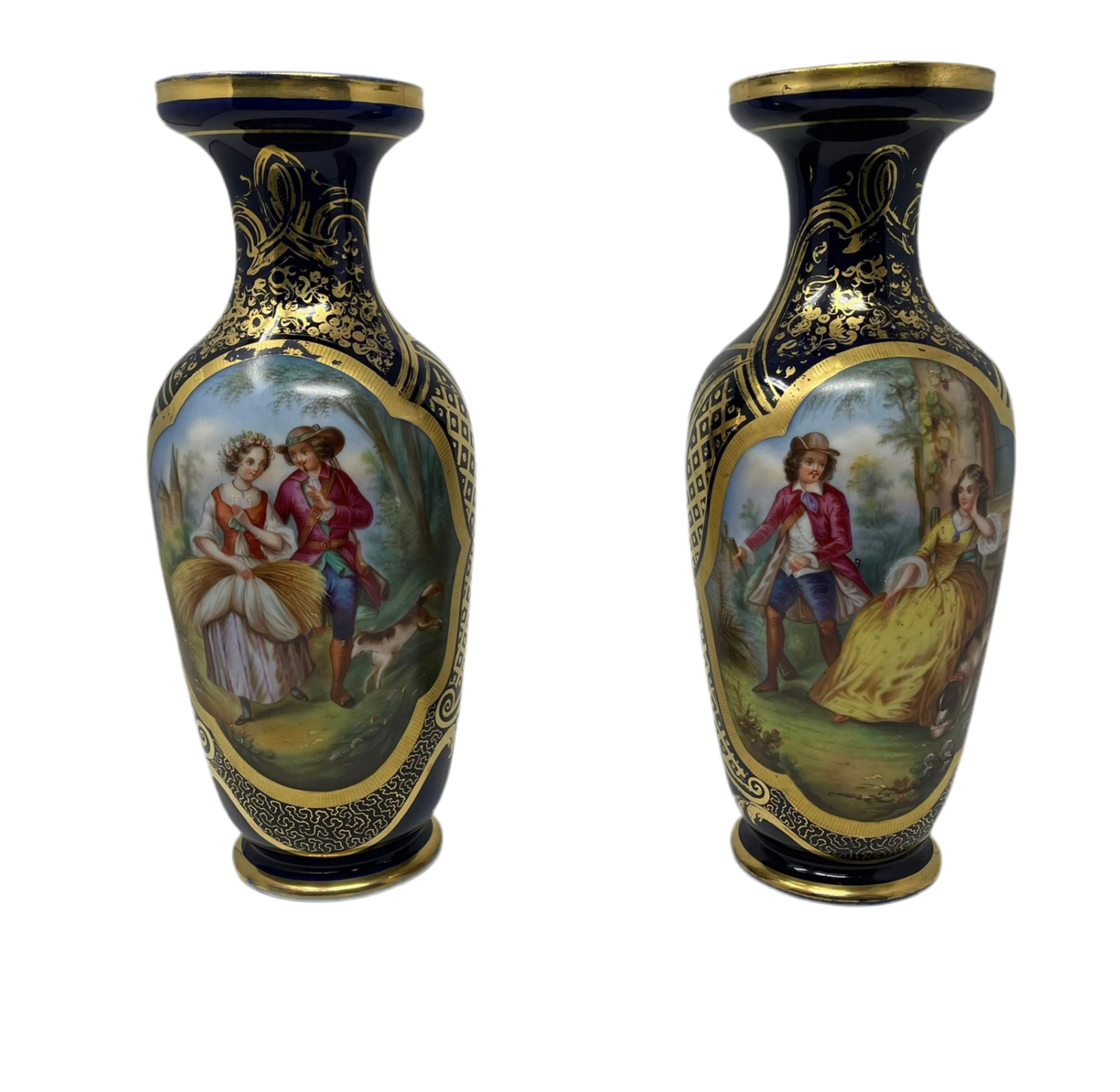 Antique French Old Paris Gilded Porcelain Vases with Hand Painted Courting Scenes - Pair
