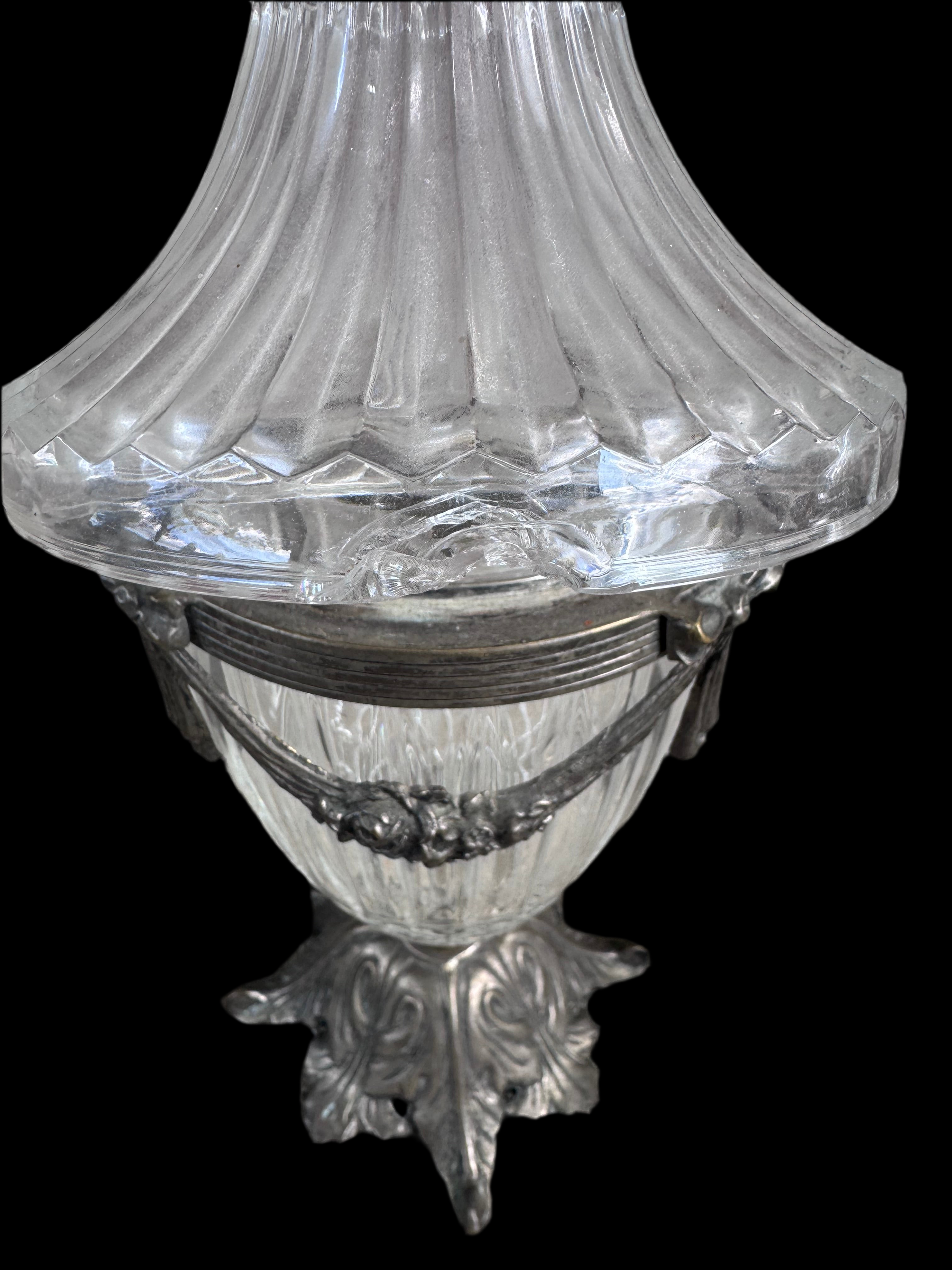 Antique French Crystal and Bronze Cassettes Urns with Ram's Head Handles - Pair