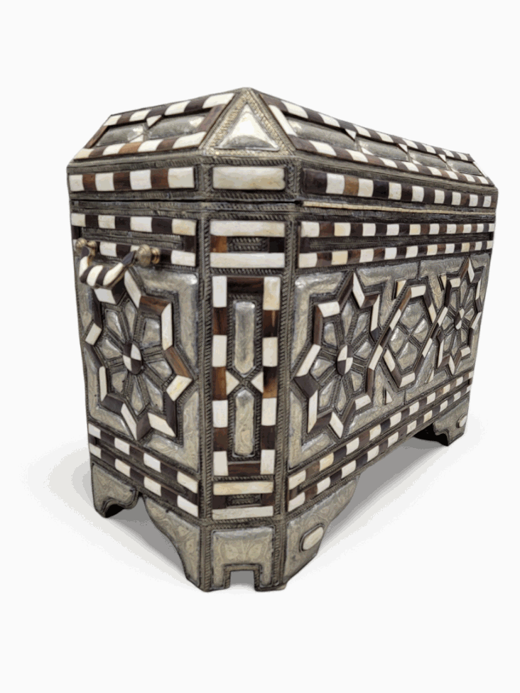 Antique Moroccan Wood Inlaid Bone & Hammered Metal Leather Lined Storage Chest