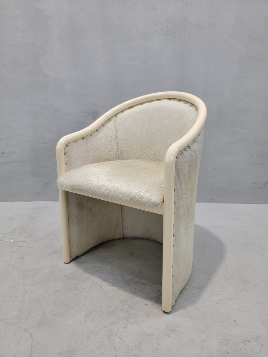Vintage Italian Cream Lacquer Barrel Back Occasional Chair by Tonon Newly Reupholstered in Cowhide