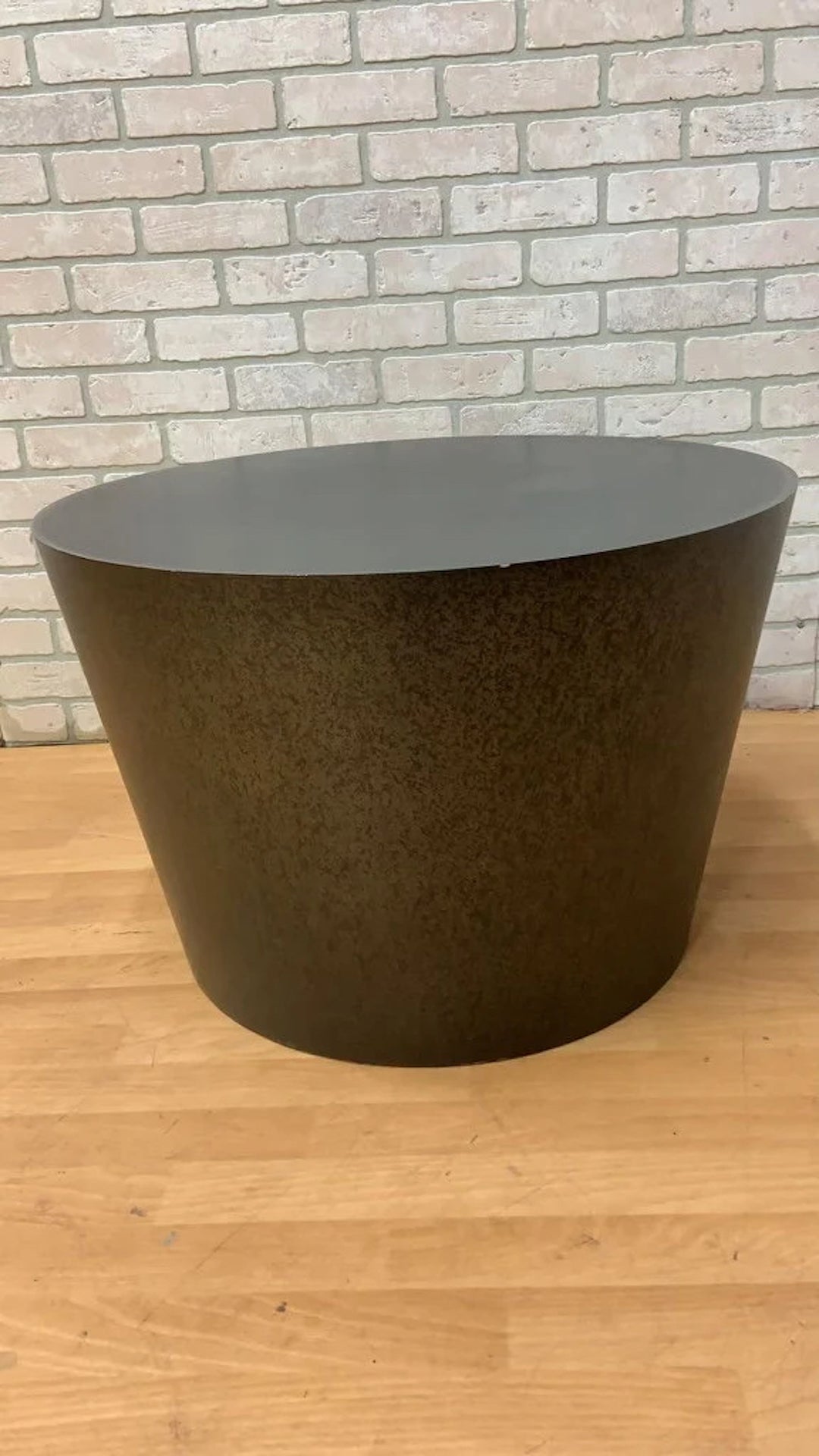 Vintage Modern Round Drum Side or Coffee Table in Patina Metal