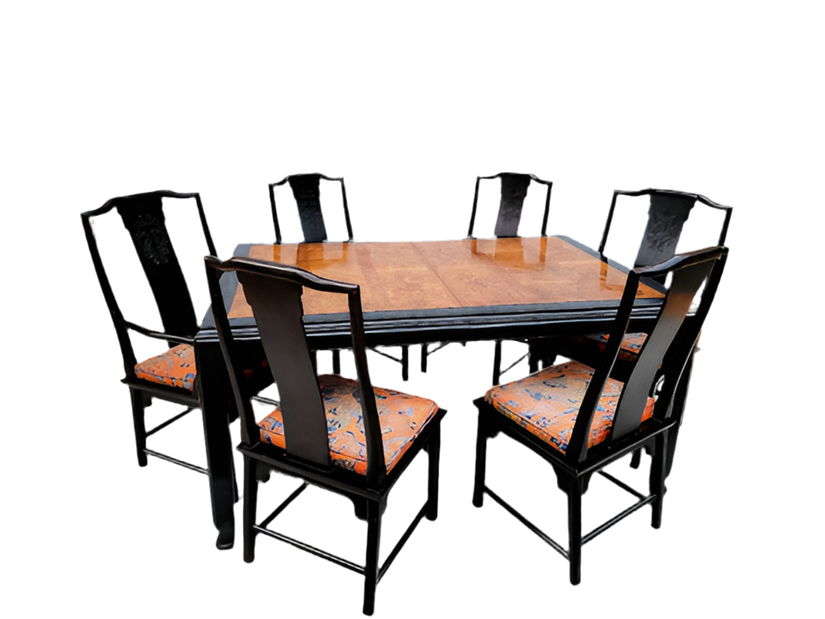Hollywood Regency Chinoiserie Chin Hua Ebonized Dining Set by Century Furniture