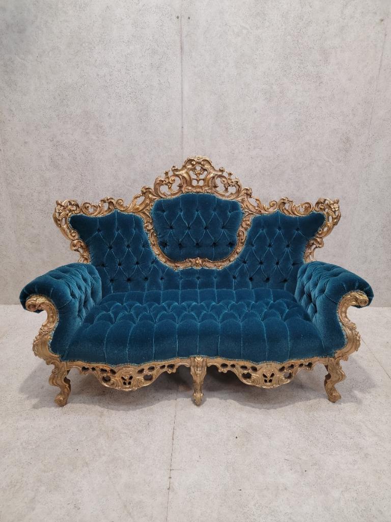 Antique Italian Rococo Carved Tufted Wedding Sofa Newly Upholstered in a Teal Mohair