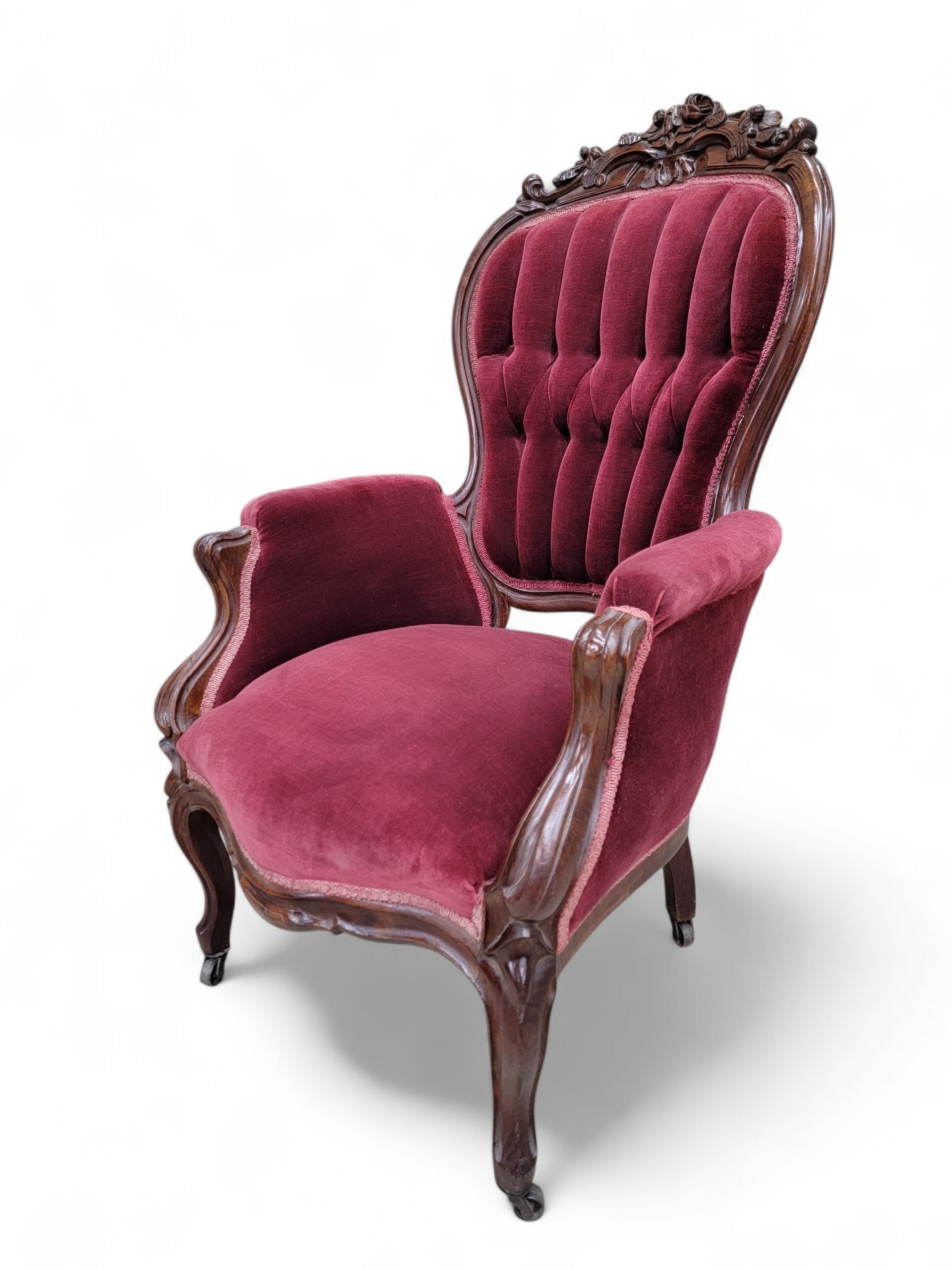 Antique Victorian Rococo Revival Style Carved Tufted Parlor Chairs – Set or 2