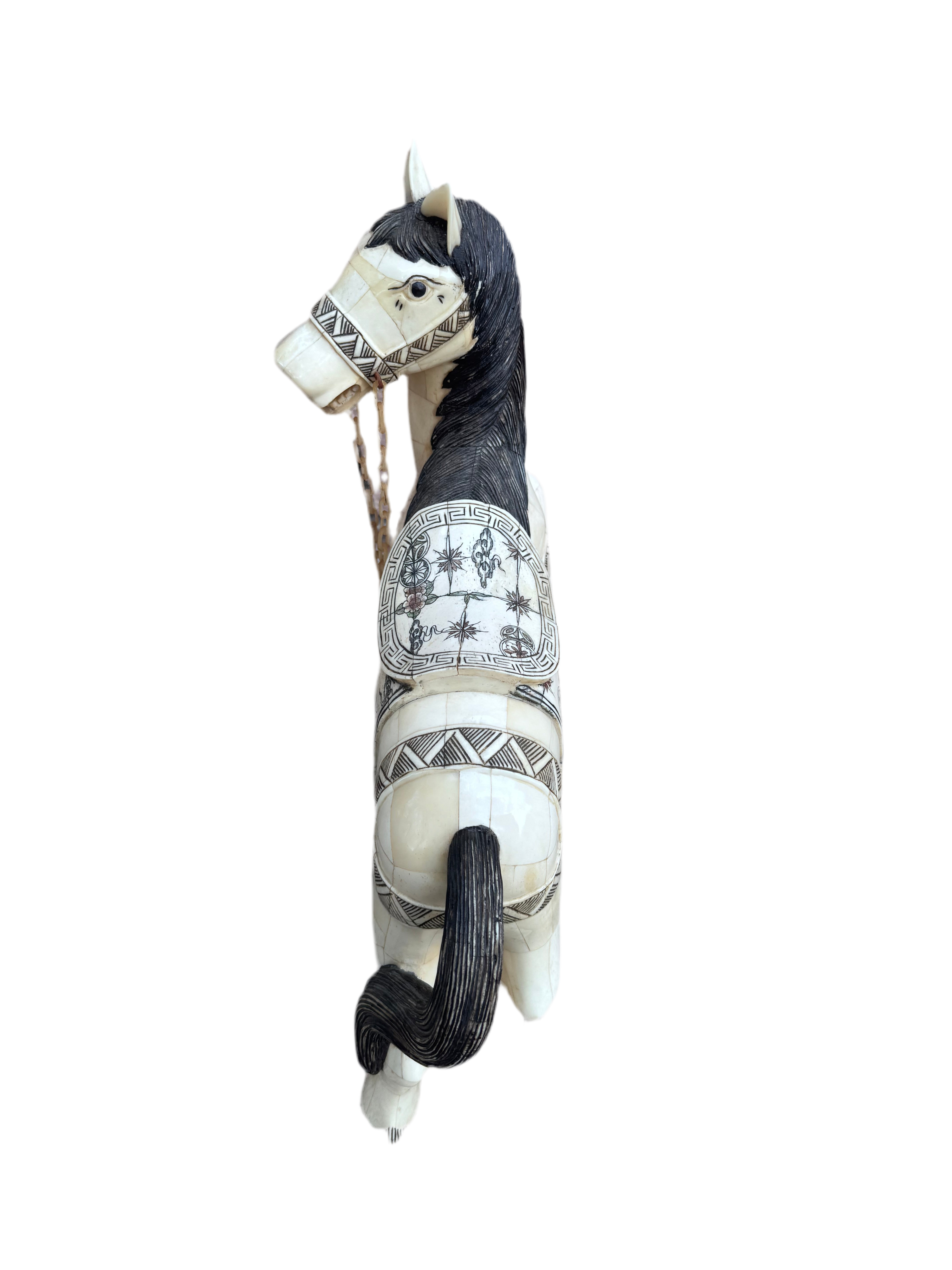 Vintage Tessellated Bone Tile Horse Statue
