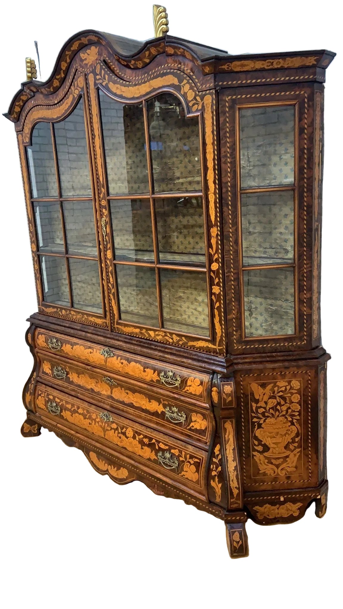 Antique Dutch Marquetry Vitrine Cabinet/Display Hutch