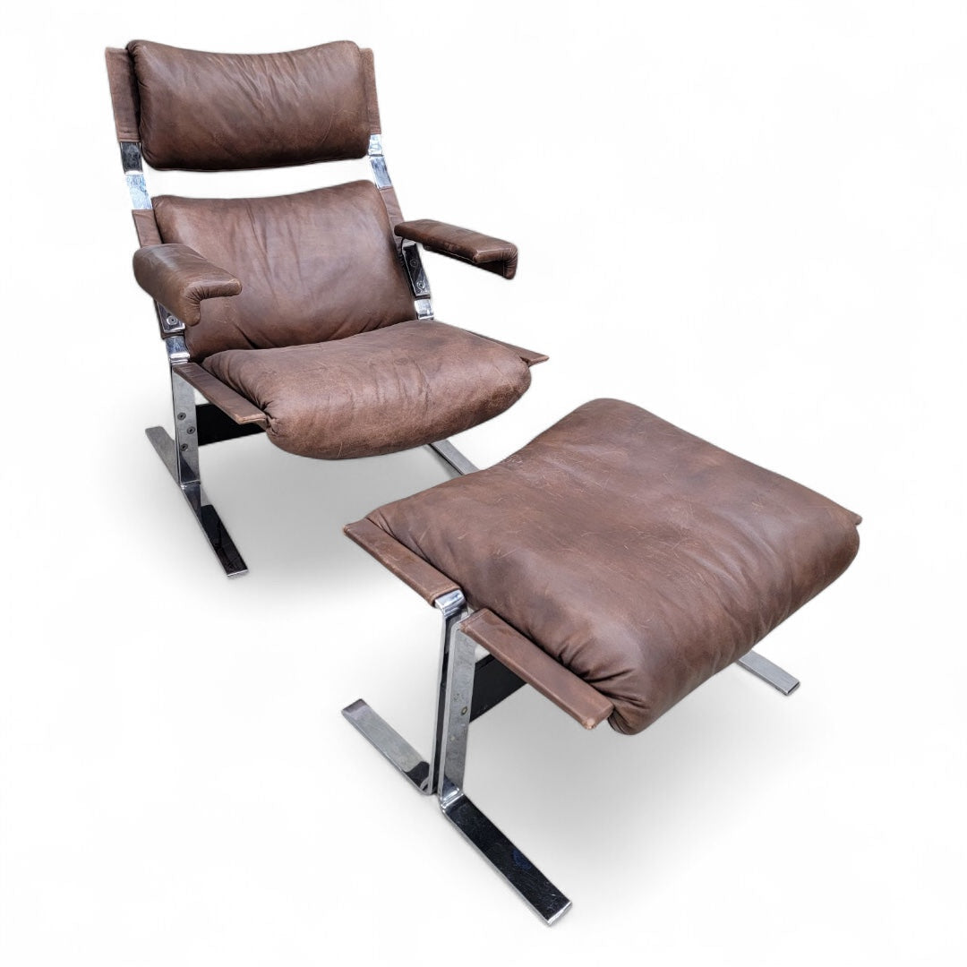 Mid Century Modern Richard Hersberger Brown Leather and Chromium Lounge Chairs and Ottoman