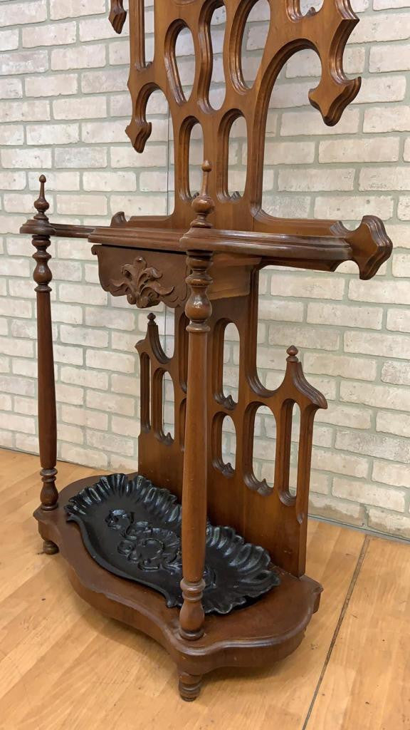 Antique Gothic Hand Carved Mahogany Hall Tree Coat Rack and Umbrella Stand