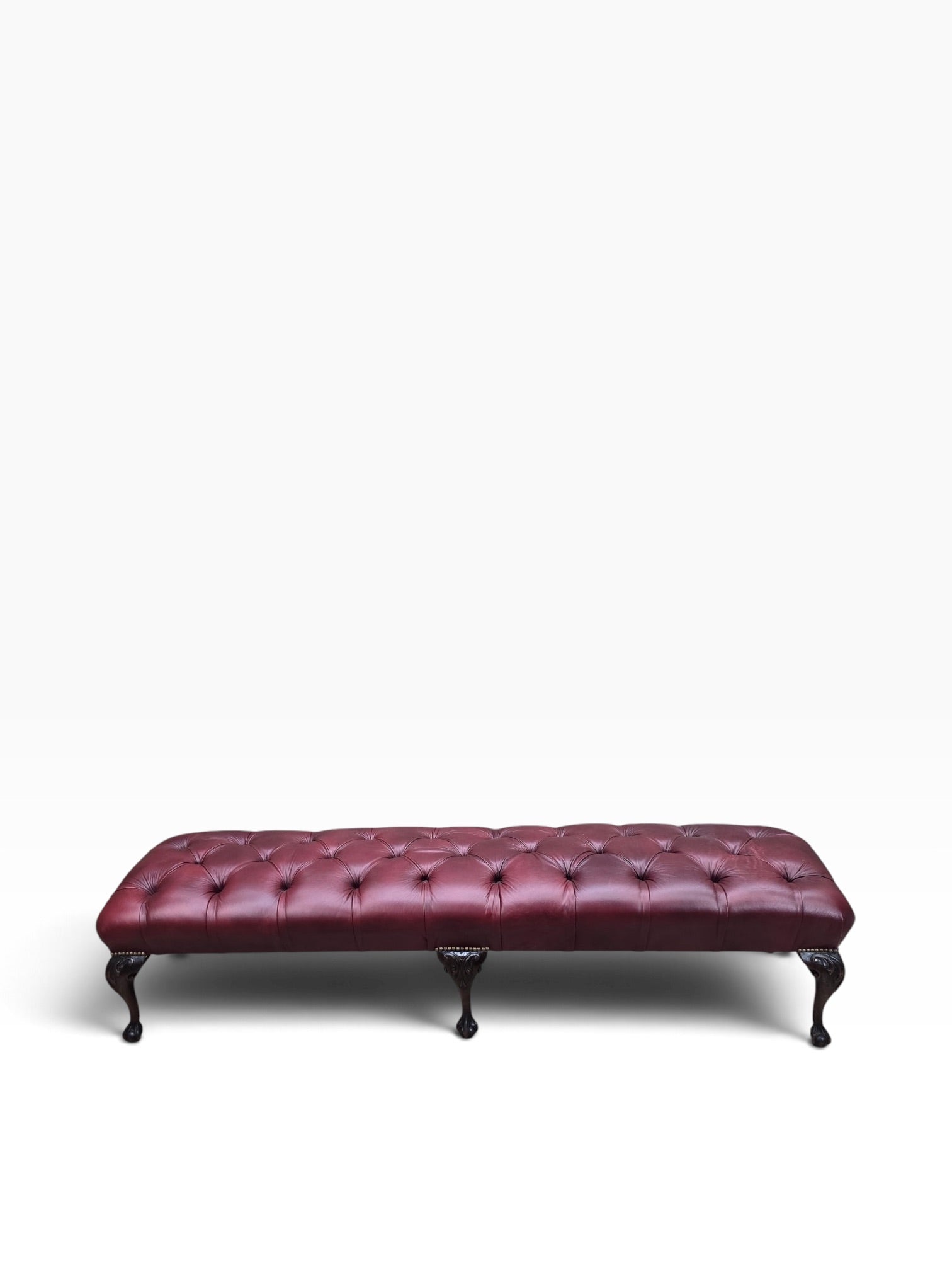 Chippendale Style Carved Mahogany Ball & Claw Six Leg Tufted Hall/Dining Bench Newly Reupholstered in Cabernet Leather - Pair