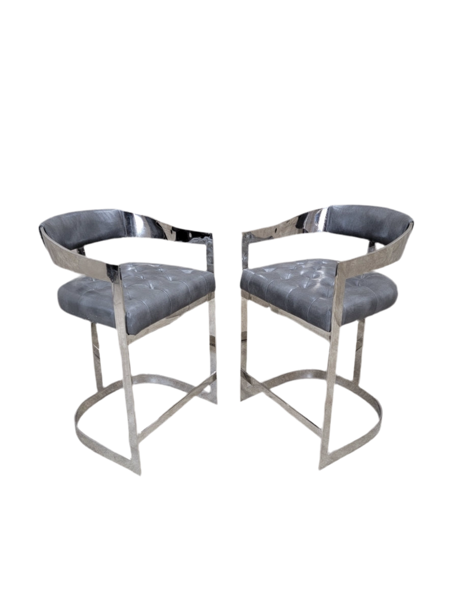Vintage Modern Chrome Curved Back Tufted Bar Stools in Steel Grey Italian Leather - Pair