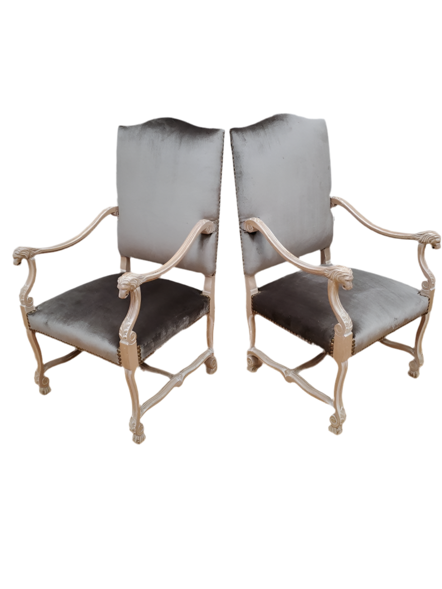 Antique French Carved Figural Chairs Newly Upholstered - Pair