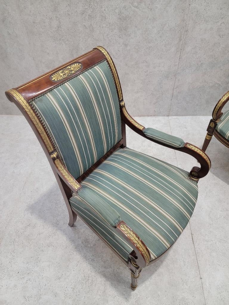 Antique French Empire Mahogany and Gilt Bronze Mounted Armchair in Blue Patterned Stripped Silk Blent - Pair