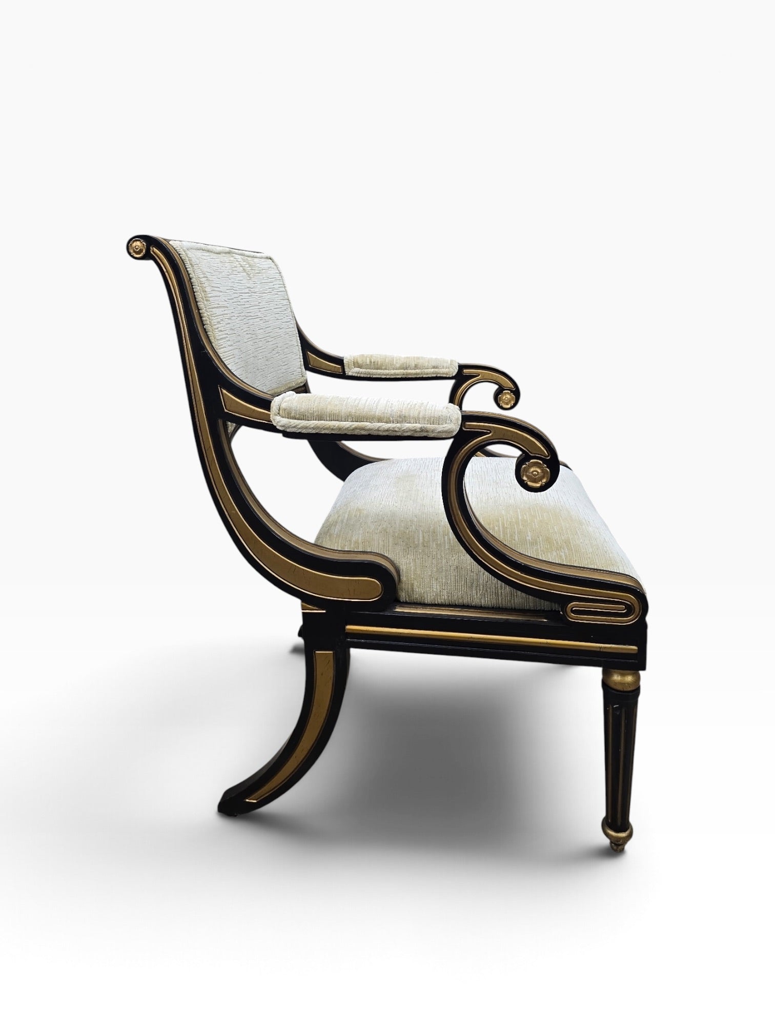 Regency Style Ebonized Armchairs by Baker Newly Reupholstered in a Gold Chenille Fabric - Pair