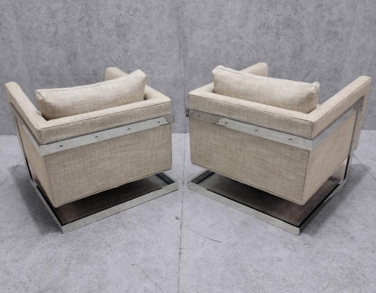 Mid Century Modern Newly Upholstered Milo Baughman Chrome Flat Bar Cantilever Club Chairs in Natural Linen Boucle - Pair