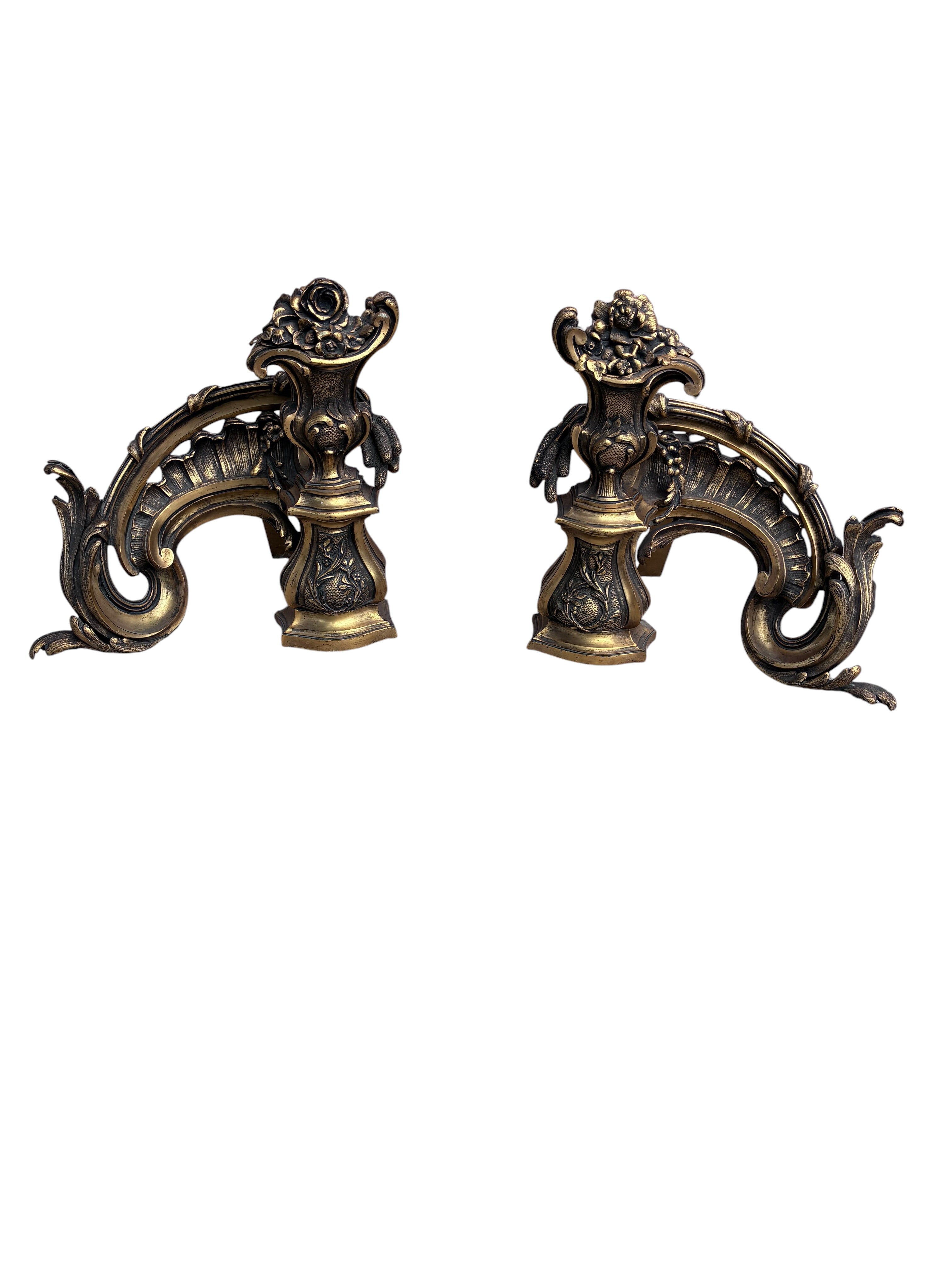 Antique French Rococo Revival Bronze Chenets Andirons – Pair