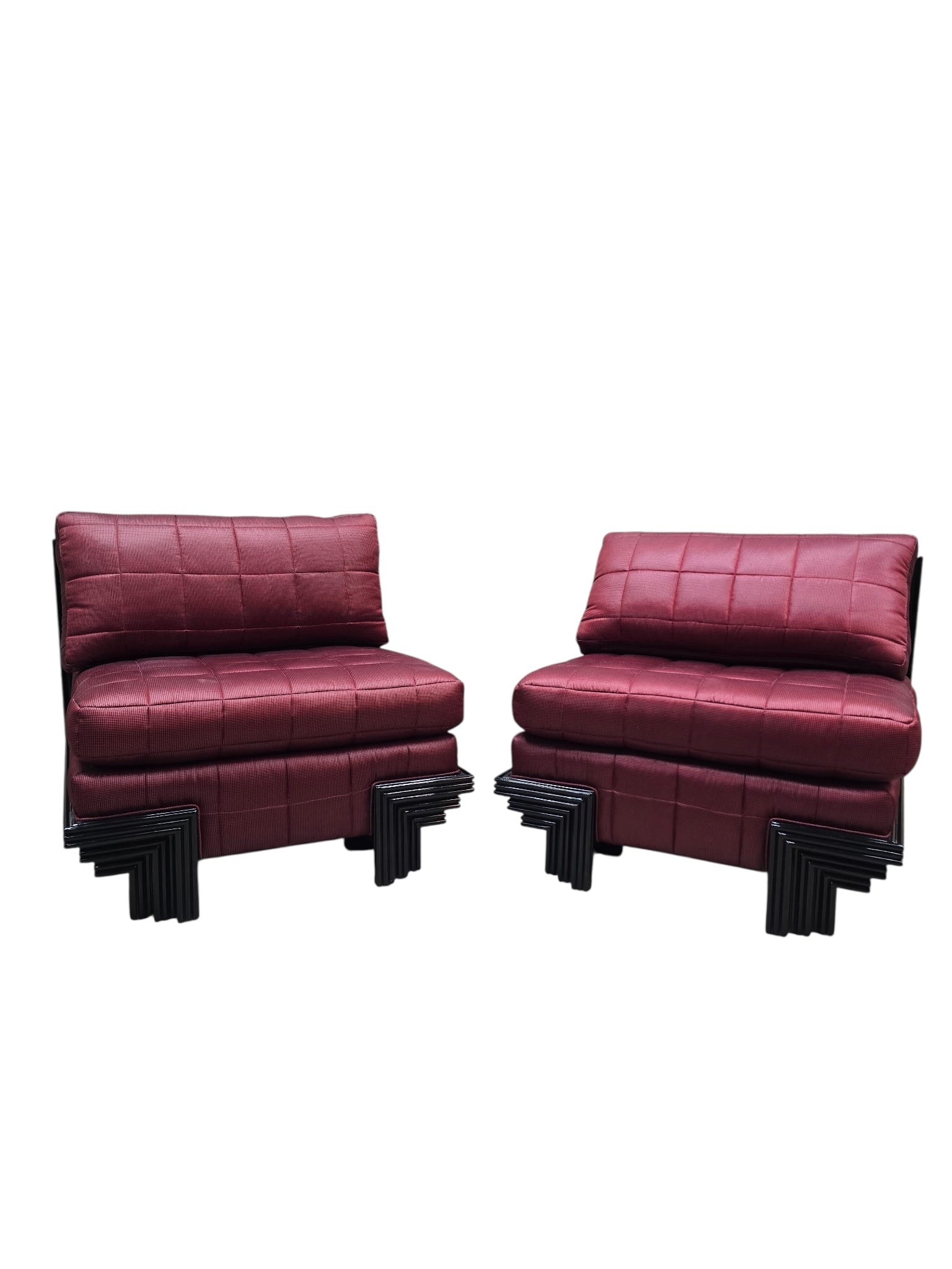 Postmodern Lounge Chairs with Stepped Black Lacquer Bases by Interior Crafts