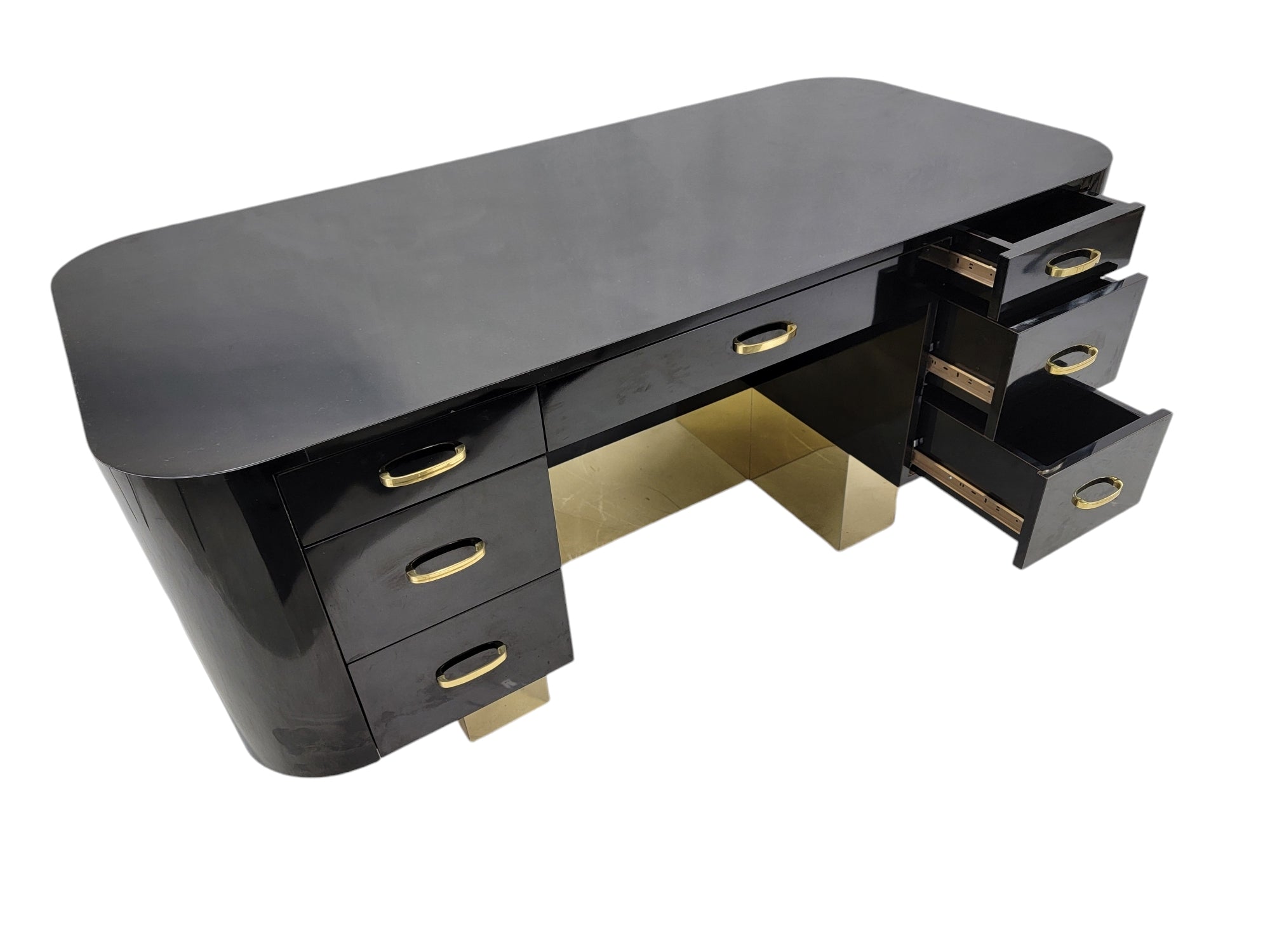 New - Vintage Postmodern French Art Deco Styled Black Lacquer and Brass Curved  Executive Desk