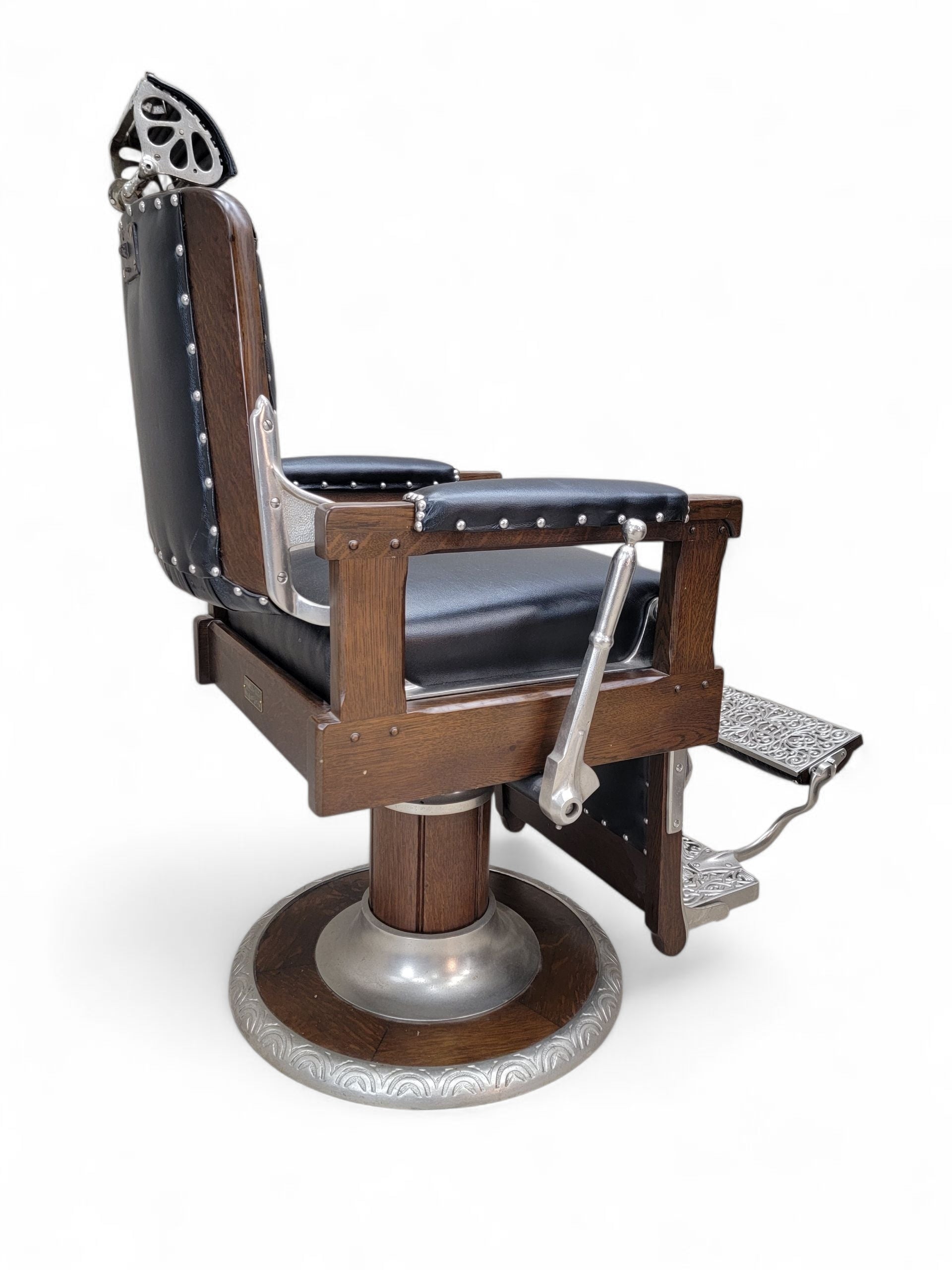 Antique Koken Restored Quartersawn Oak Barber Chairs in Black Leather – Set of 3