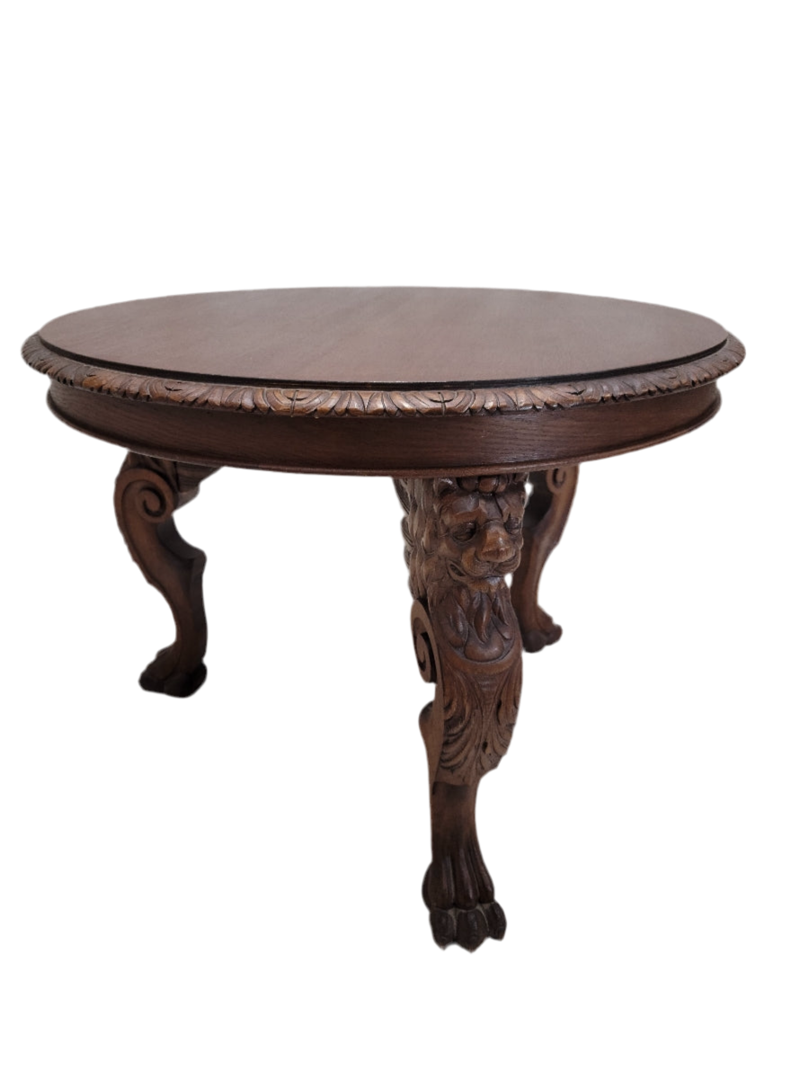 Antique French Figural Carved Ornate Oak Center Accent Entryway Table