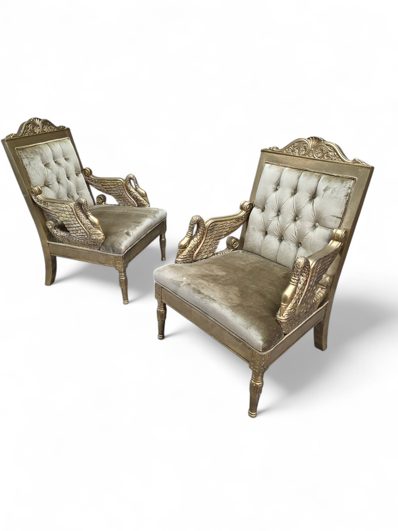 Vintage Neoclassical Empire Swan Arm Giltwood Lounge Chairs Newly Reupholstered - Pair