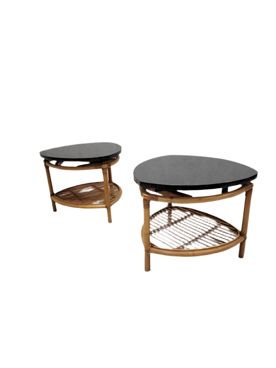 Vintage Paul Frankl Style Coastal Rattan Side Tables - Pair